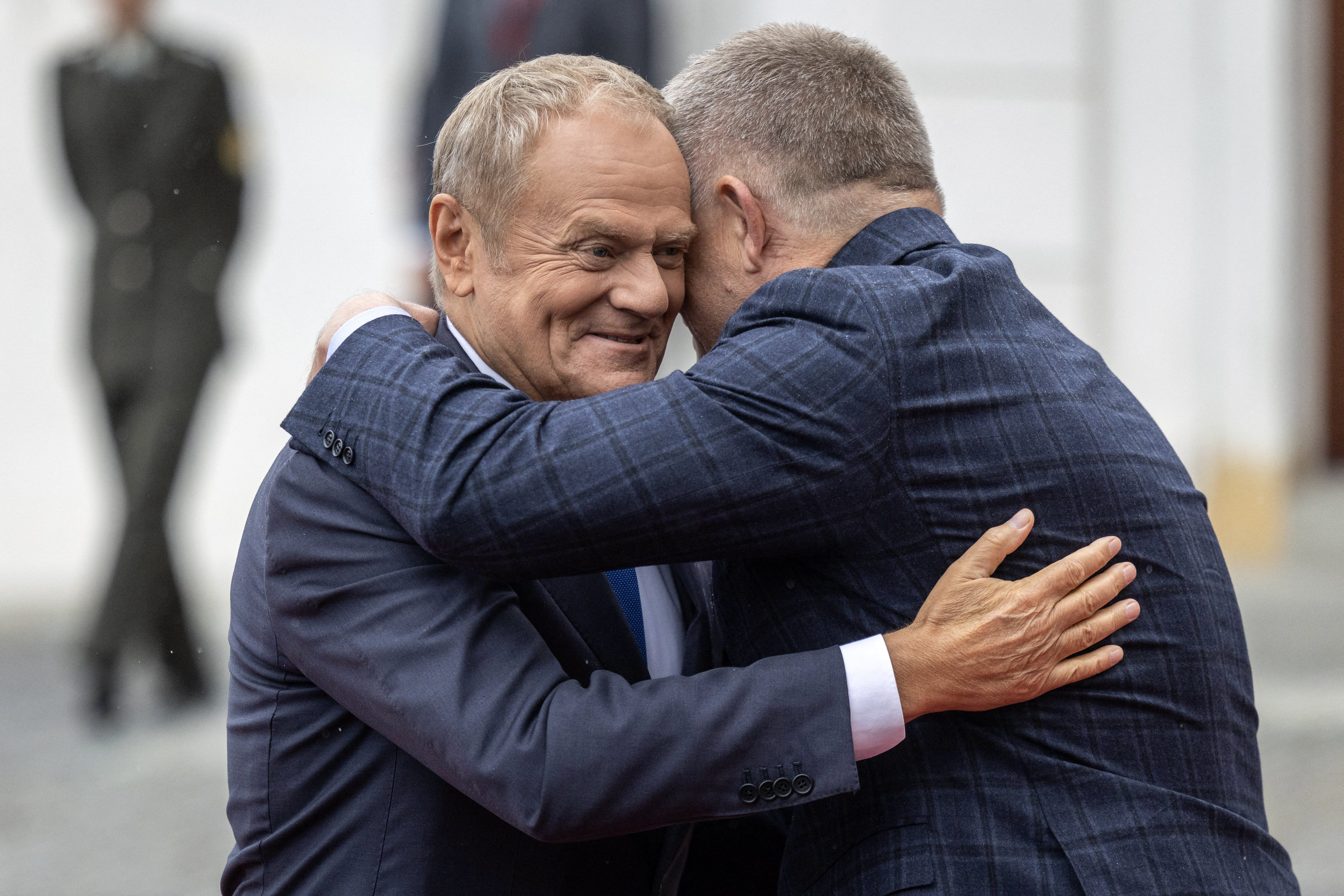 Prime minister Robert Fico from Slovakia hugs Poland's prime minister Donald Tusk in Bratislava, Slovakia, on 10 September 2026 (AFP/Getty)