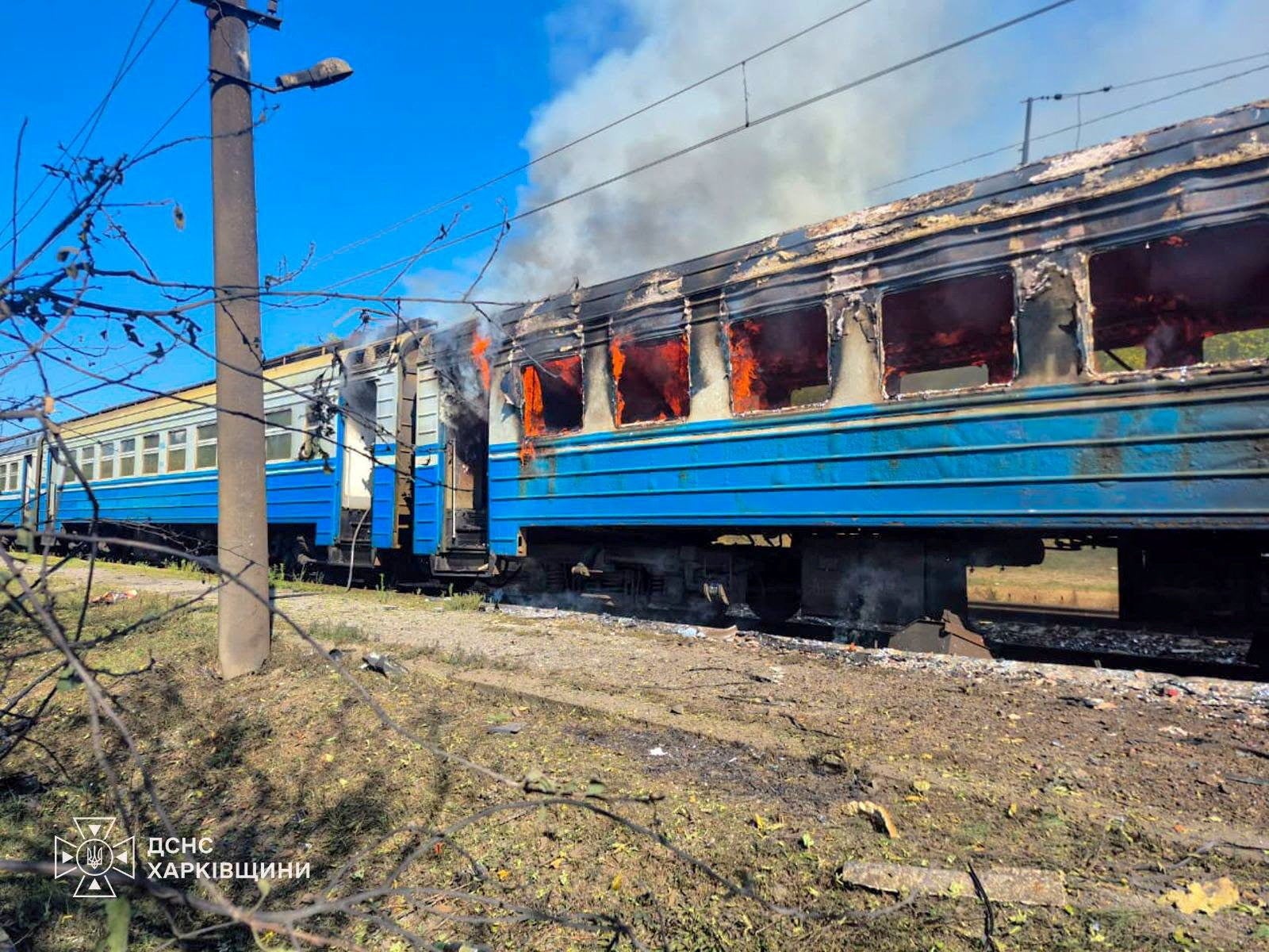 A suburban train burns after it was hit by a Russian drone strike, amid Russia's attack on Ukraine, in Kharkiv region, Ukraine September 18, 2026.