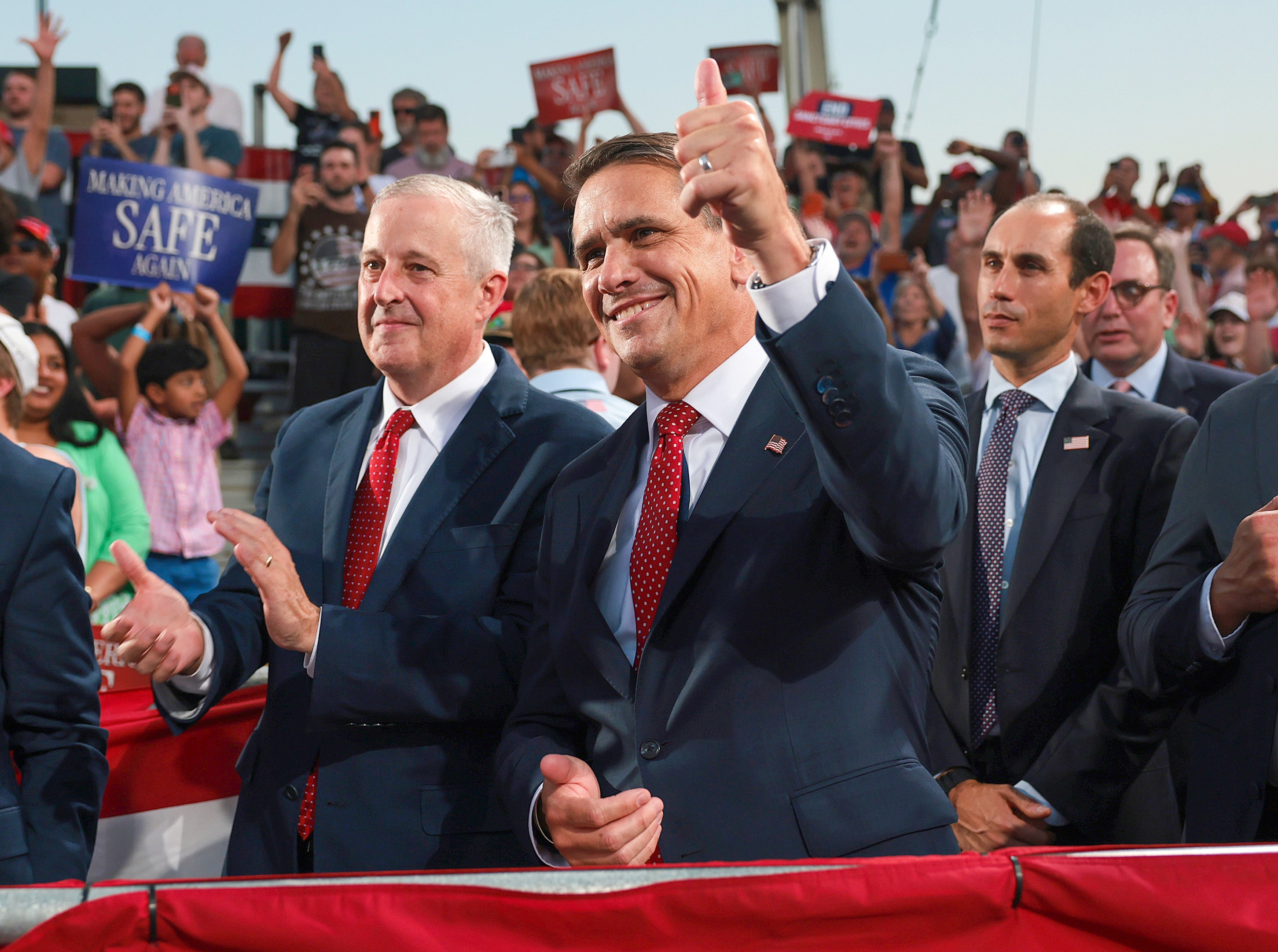 Attorney General Todd Blanche (R) gives the thumbs-up before Trump’s speech at a campaign rally on September 16, 2026 in Gastonia, North Carolina