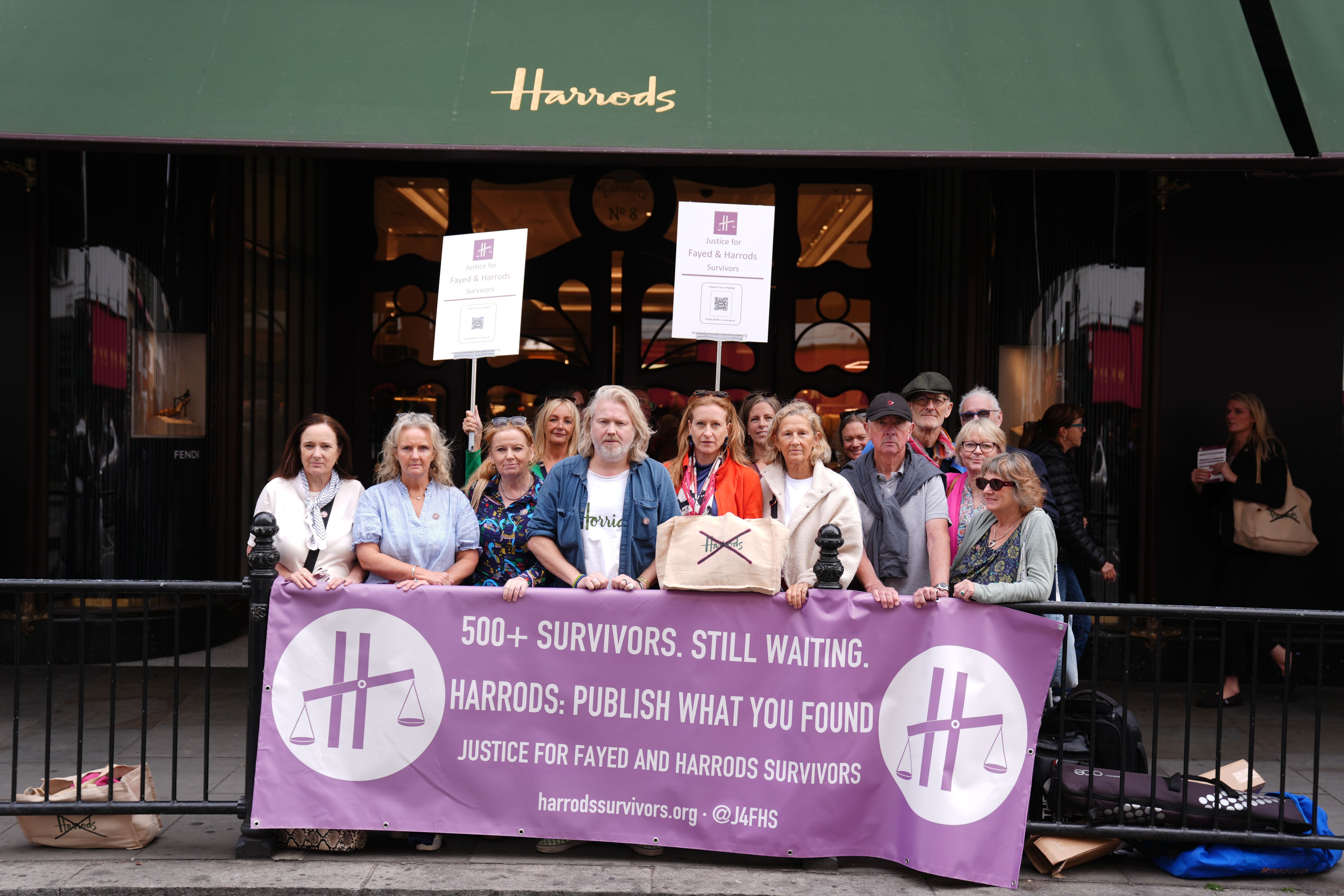 Survivors of abuse at the hands of Mohamed Al Fayed protest outside Harrods in London (Ben Whitley/PA) (PA Wire)