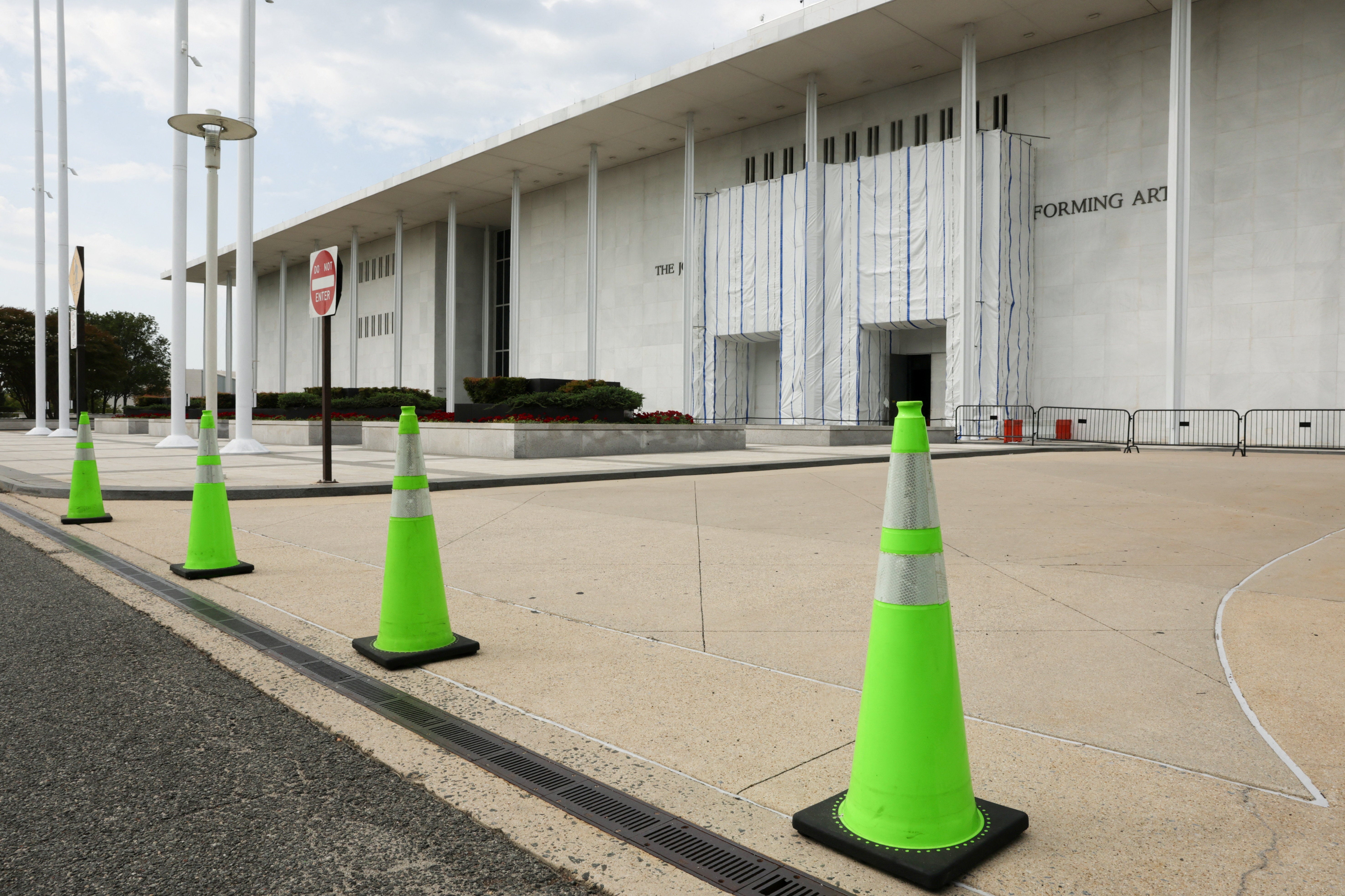 Traffic cones keep cars from entering the driveway at the Kennedy Center, which was ordered to be closed for repairs by its board this week