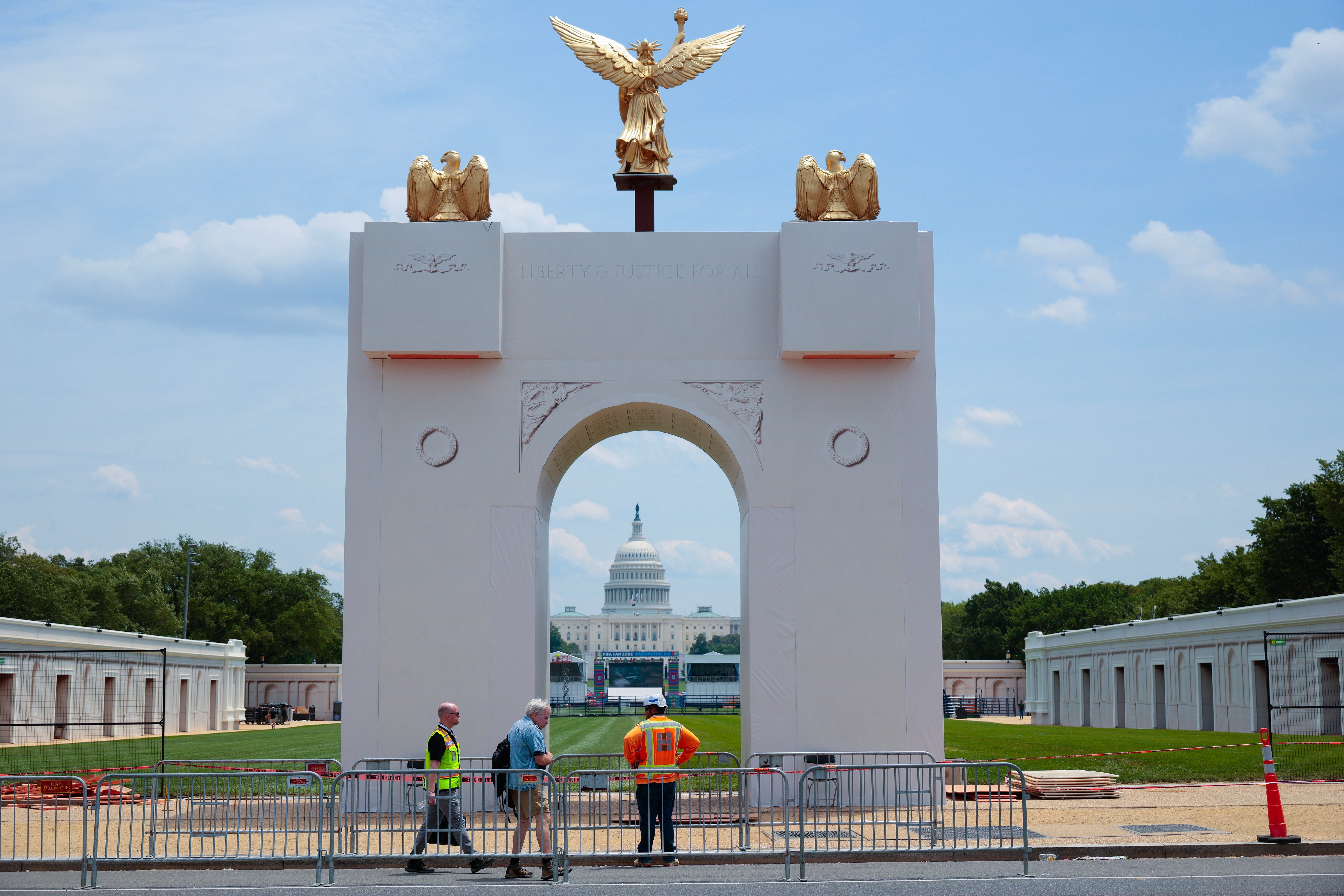 A scale replica of Trump's 250-foot-tall ‘Triumphal Arch’ seen on the National Mall on June 22, 2026 during Trump's Freedom 250 Great American State Fair