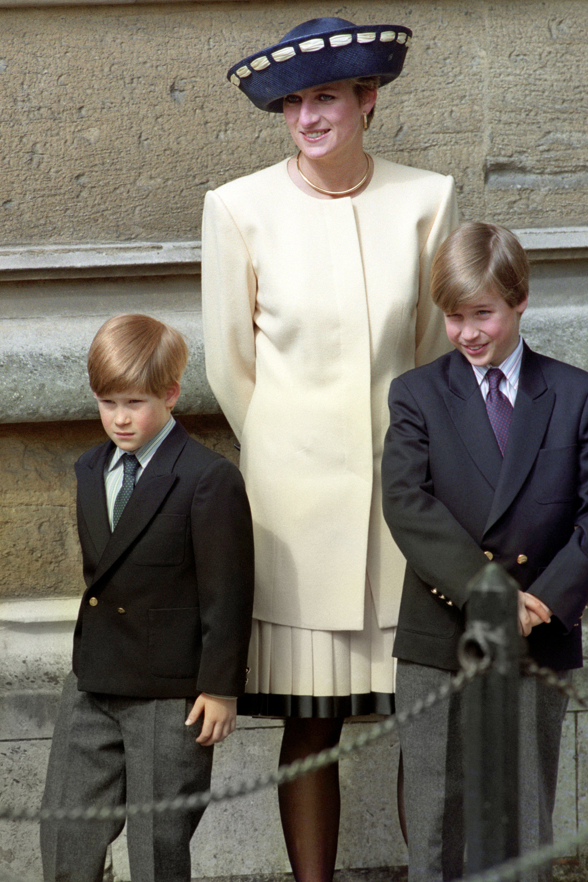 Diana, Princess of Wales with her sons, William, (right), and Harry outside St George’s Chapel in Windsor Castle in April 1992. Martin Keene/PA