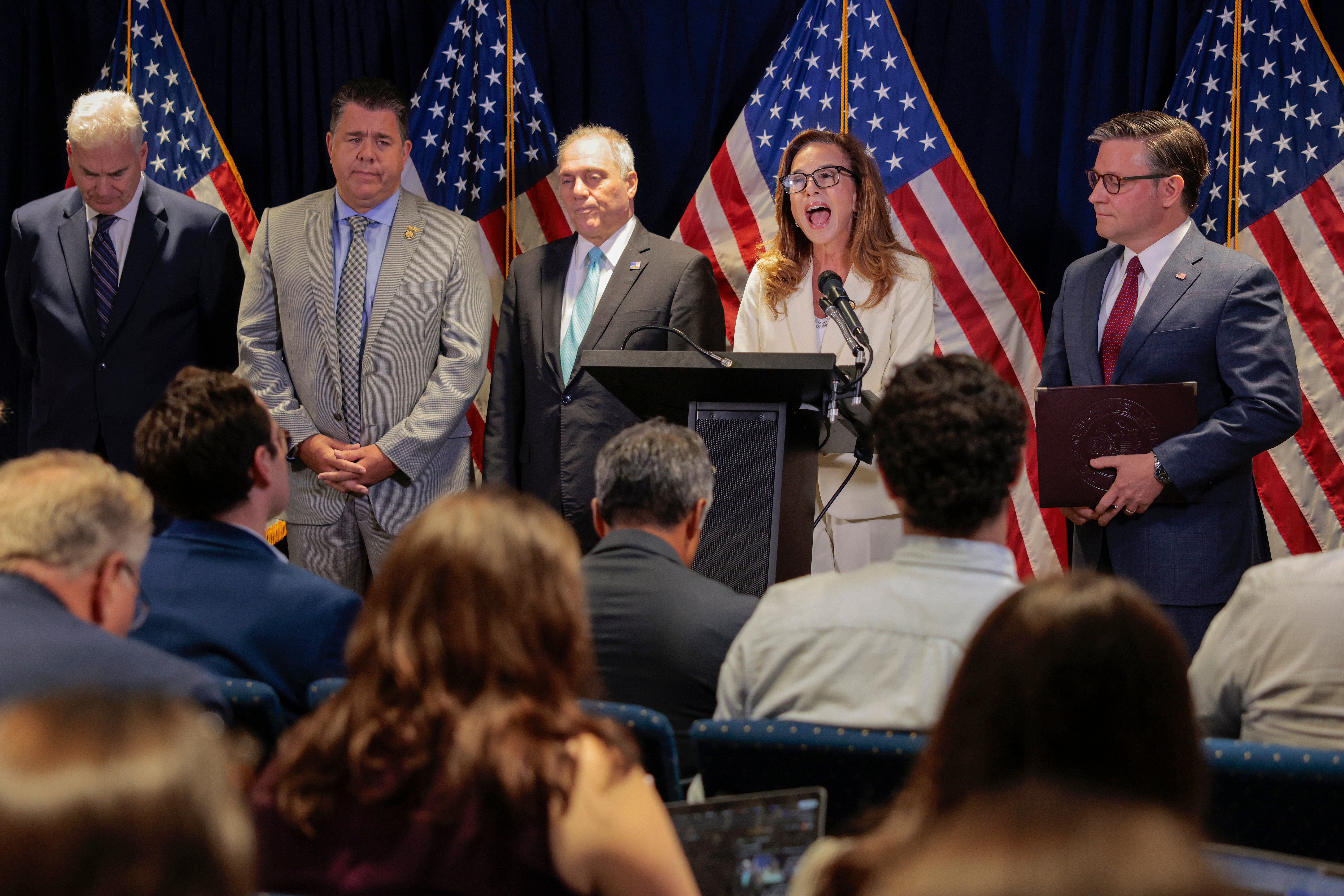 Republican House Conference Chair Rep. Lisa McClain (R-MI) speaks alongside Speaker of the House Mike Johnson (R-LA) about Republicans' focus as midterms approach