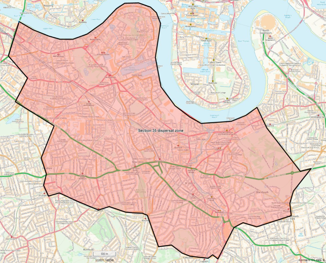 The Section 35 dispersal zone in place for Millwall vs West Ham (Metropolitan Police)