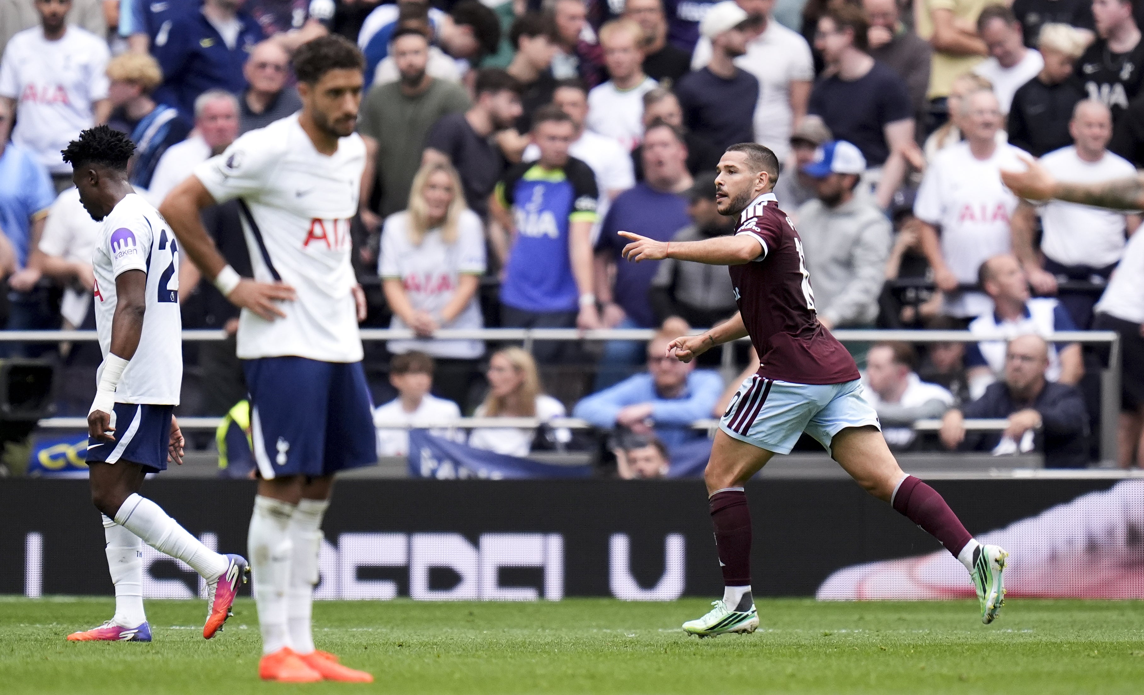 Emi Buendia celebrates his superb strike (Andrew Matthews/PA)