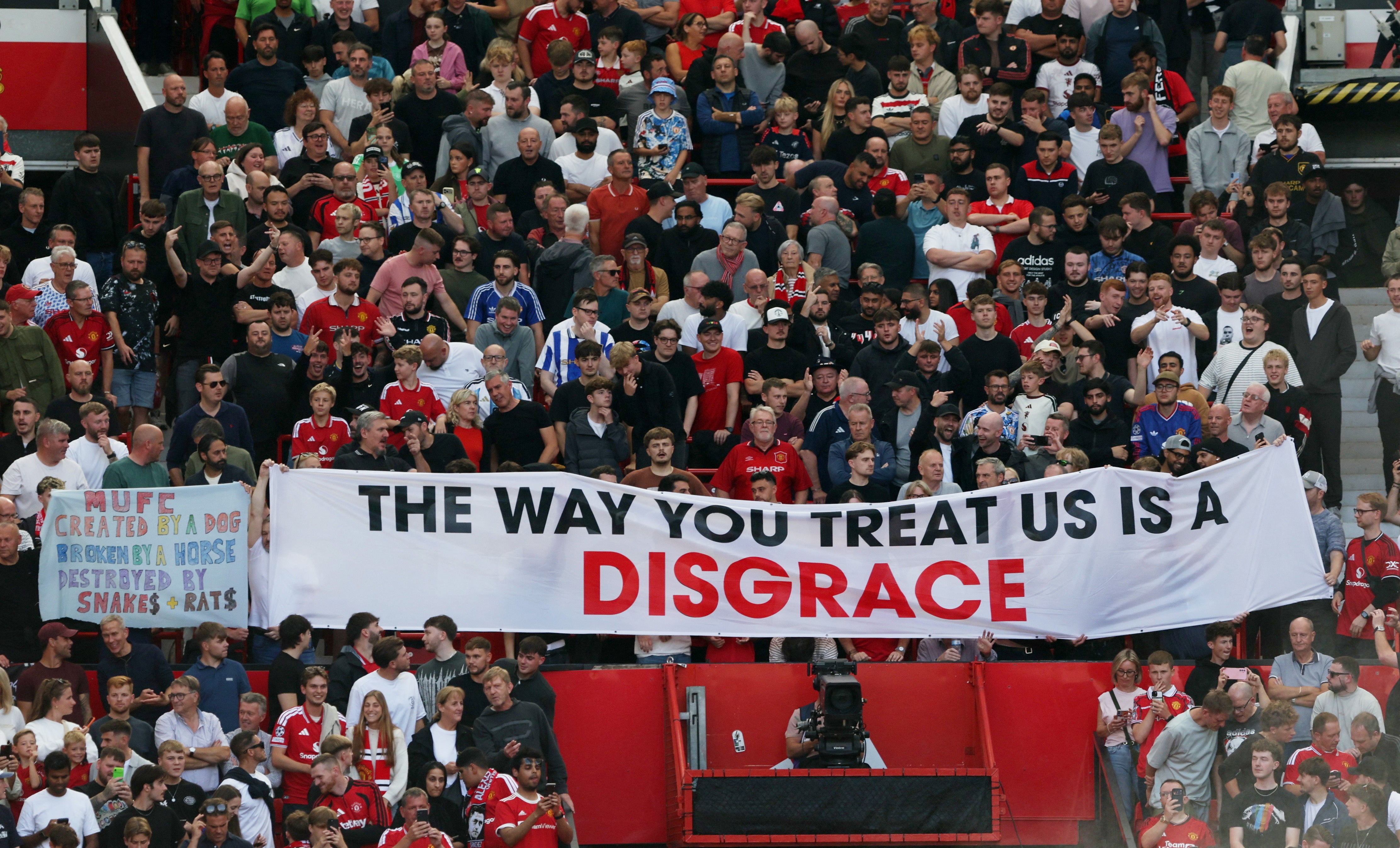 Fans protested against the current ownership before their 1-0 defeat to Manchester City last week with a banner that read 'the way you treat us is a disgrace'