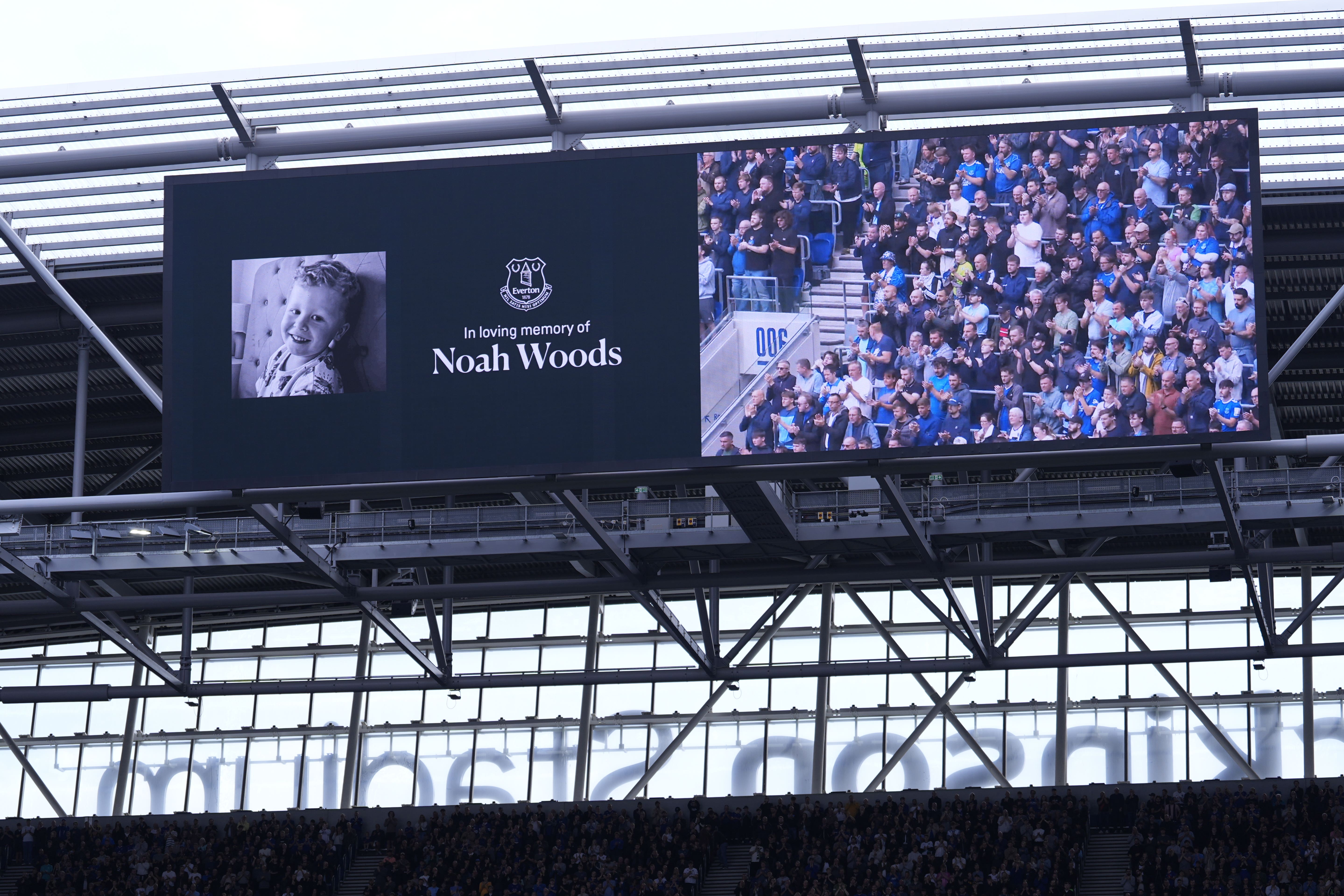 A tribute was paid to Noah Woods on the big screen ahead of the Everton v Ipswich Town Premier League match at the Hill Dickinson Stadium, Liverpool (Peter Byrne/PA)