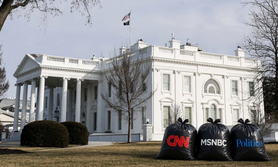 Trash bags labeled CNN, MSNBC and Politico sit outside the White House in an AI-generated image posted by Trump on social media on Sunday, September 20, 2026