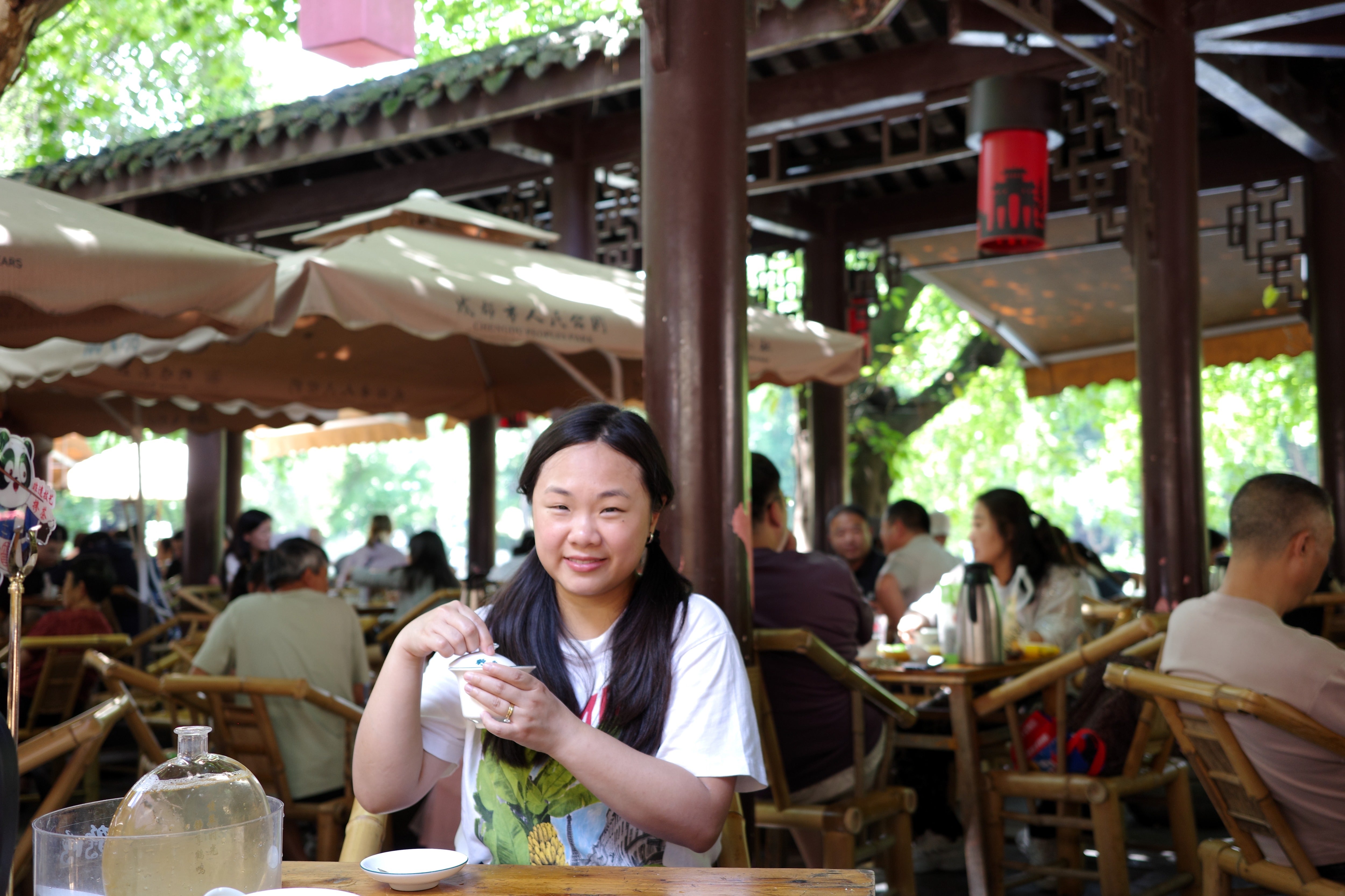 Venus drinking tea at Heming Tea House in Chengdu's People’s Park