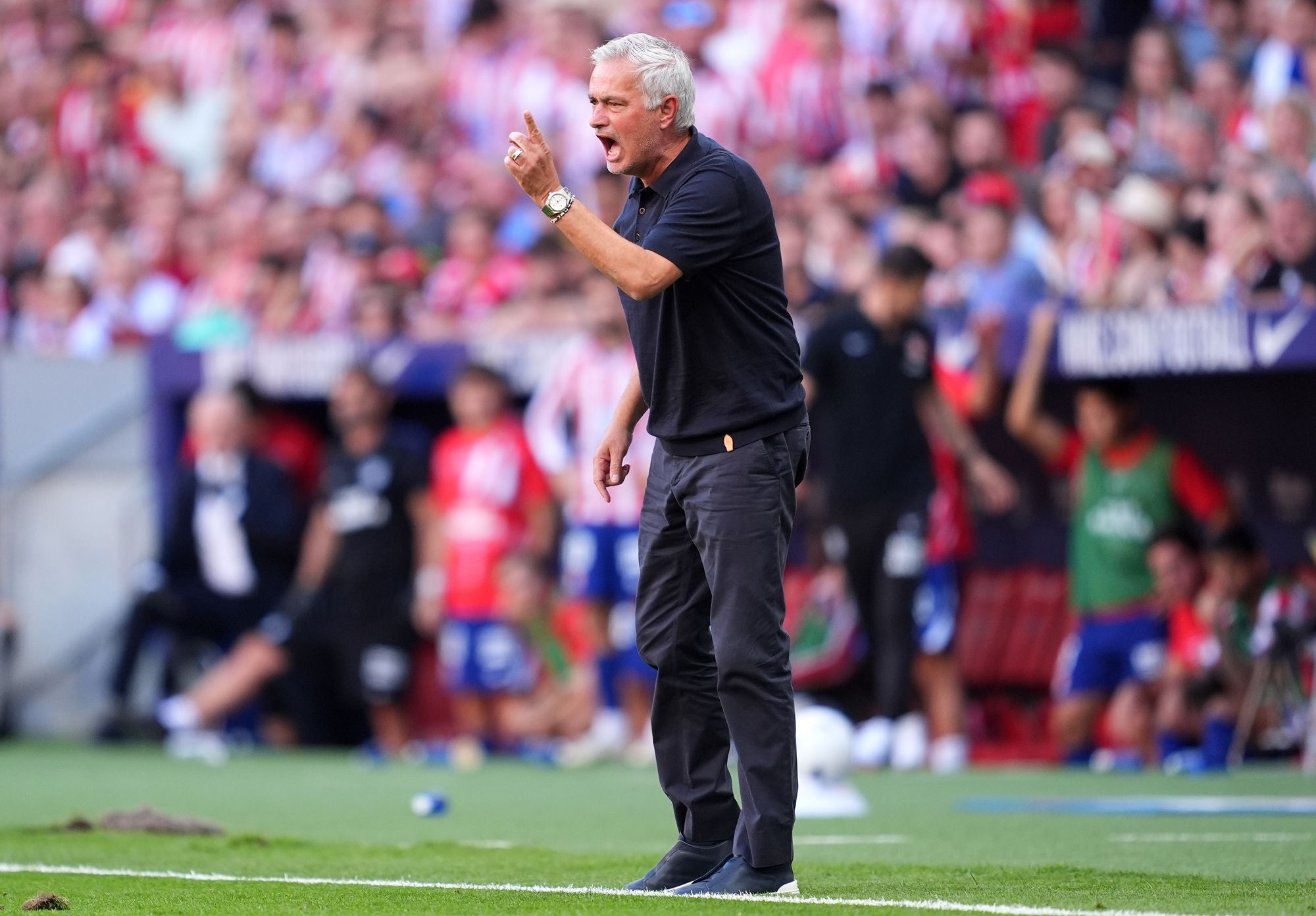 Jose Mourinho, Manager of Real Madrid, reacts against Atletico Madrid
