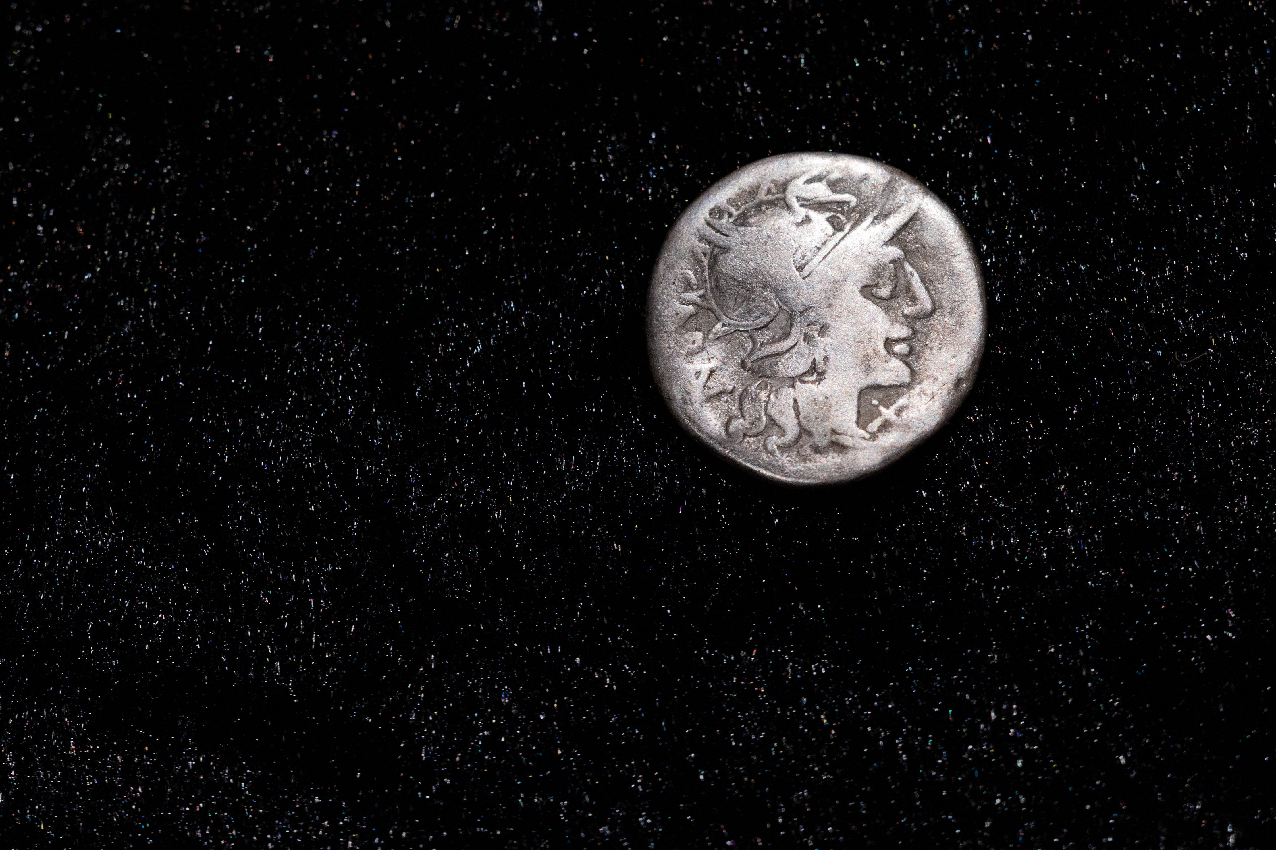 A Roman coin dating from 148 B.C., when Rome was still a republic without an emperor