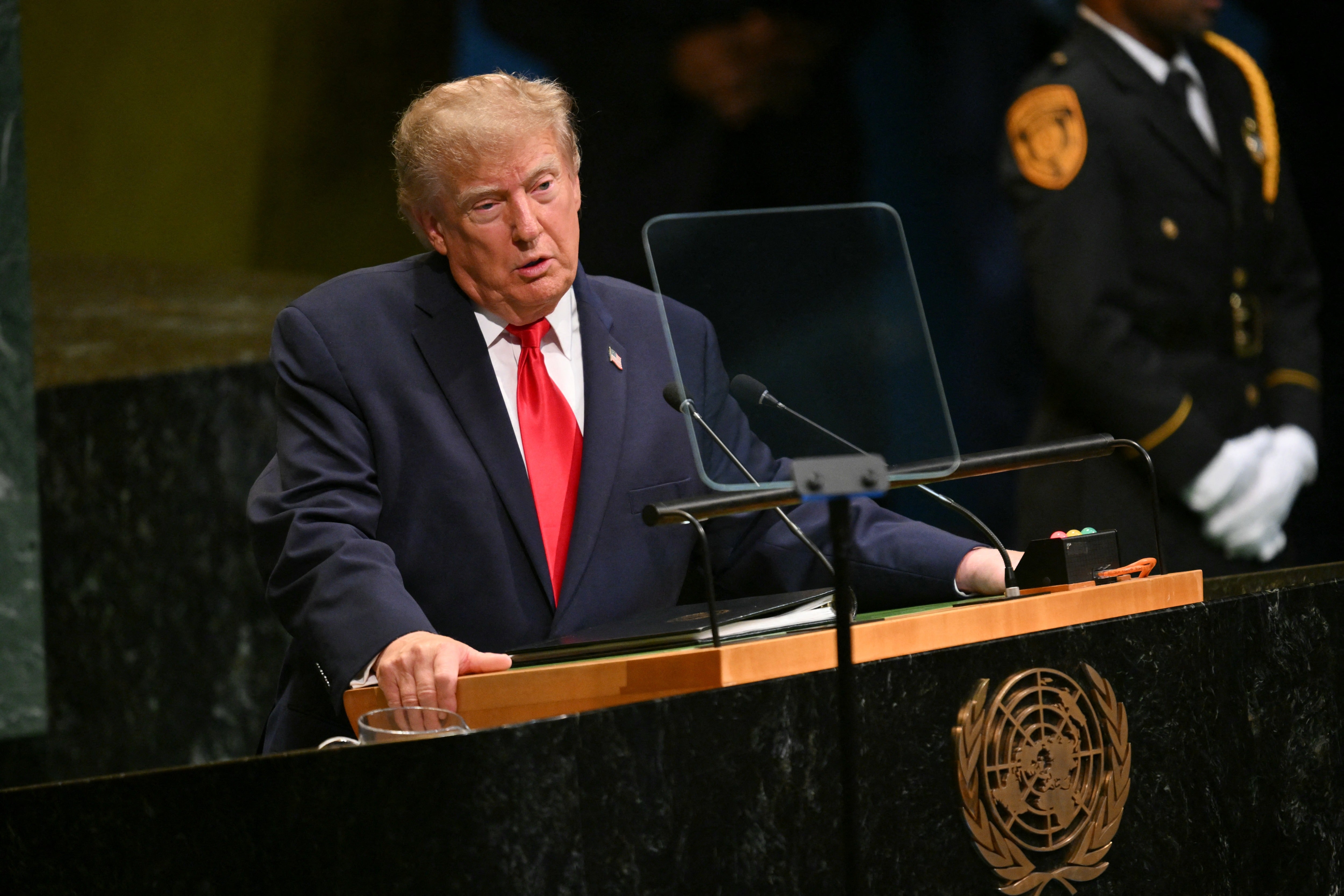 Despite Trump’s boasts to the world body that he and America are at the top of their game, polling shows Trump is at historic lows for public approval of both himself and the war he started in Iran (AFP via Getty Images)