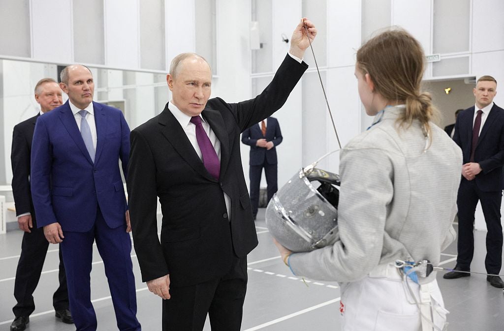 Russia's President Vladimir Putin visits a multifunctional sports complex of the Anatoly Rakhlin Olympic Reserve Sports School in Saint Petersburg on April 27, 2026 (POOL/AFP via Getty Images)