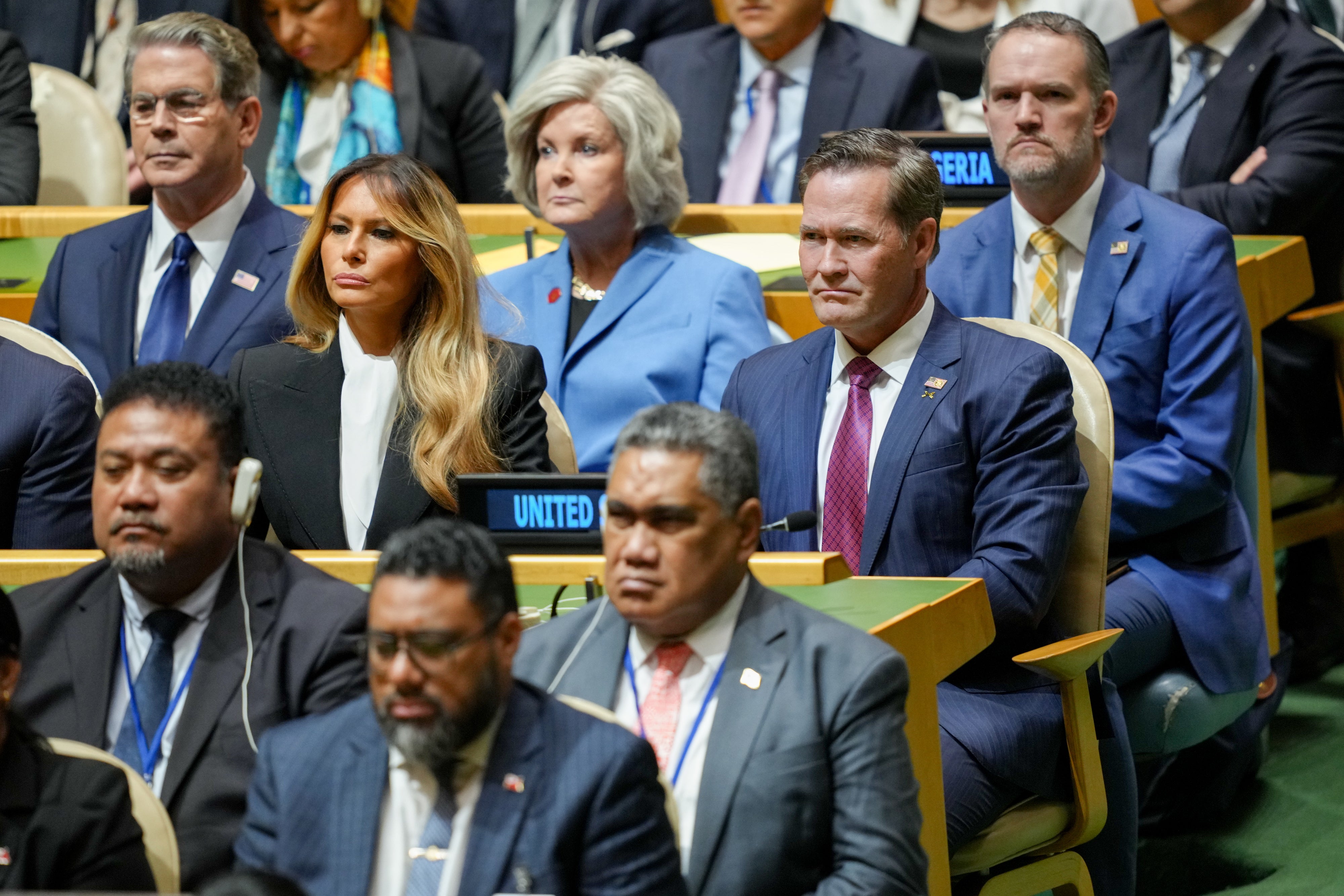 First lady Melania Trump sits next to UN Ambassador Mike Waltz and in front of chief of staff Susie Wiles and Treasury Secretary Scott Bessent as her husband address the General Assembly (Getty)