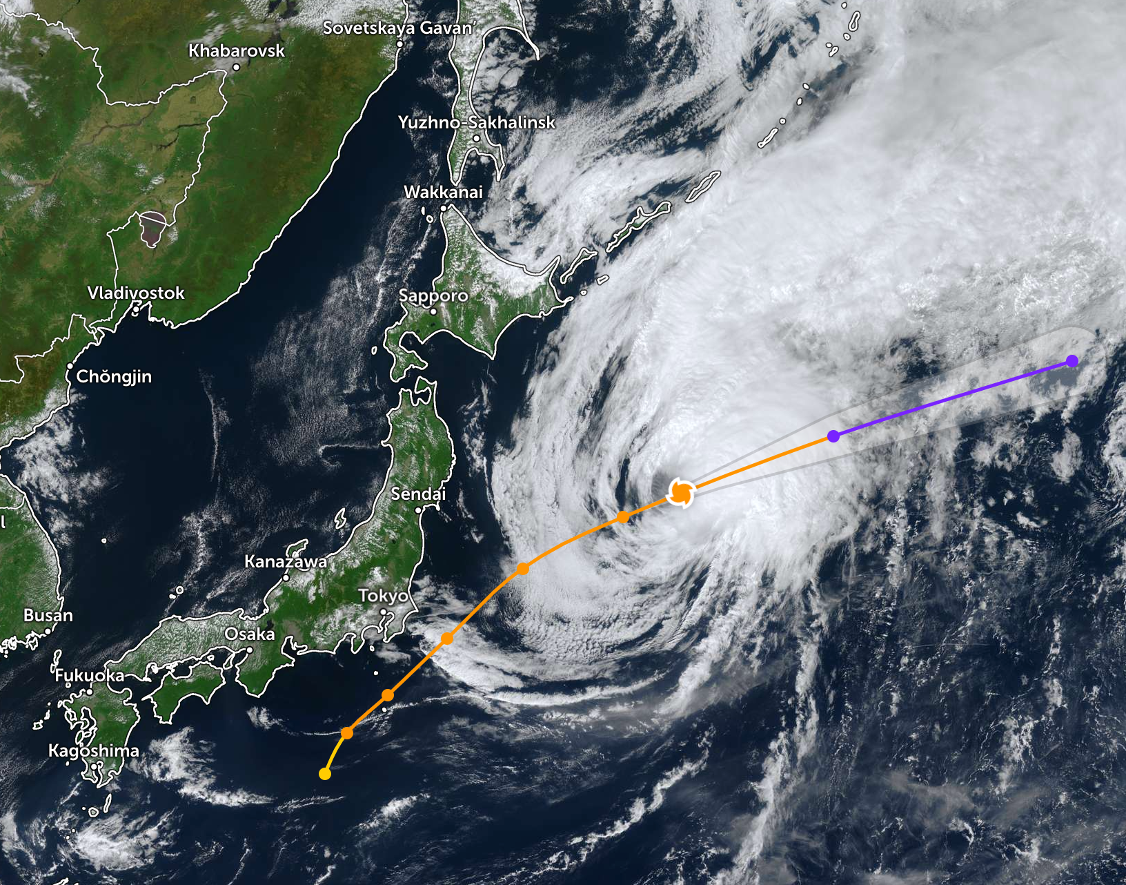 Typhoon Dujuan is seen on Tuesday morning as it heads northeast away from the Japanese mainland