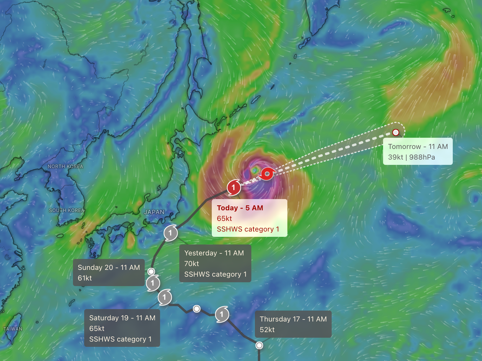 Typhoon Dujuan brought extreme rainfall to the south of Tokyo before following its expected path away from Japan’s east coast (Windy.com)