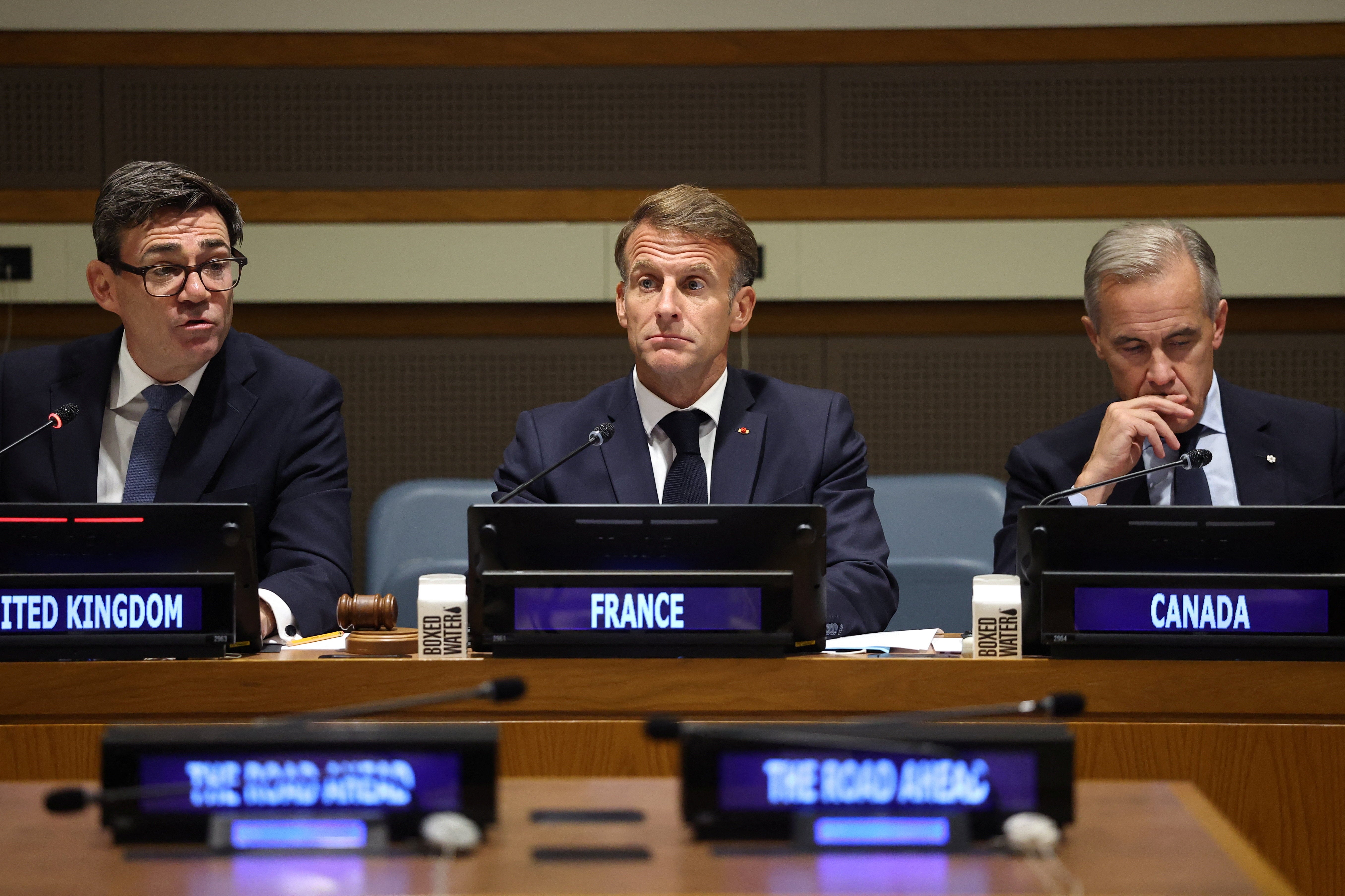 Andy Burnham attends the Middle East peace event "The Road Ahead: One Year After the New York Declaration and the Comprehensive 20-point Peace Plan" with French President Emmanuel Macron and Canadian Prime Minister Mark Carney, during the United Nations General Assembly (UNGA)