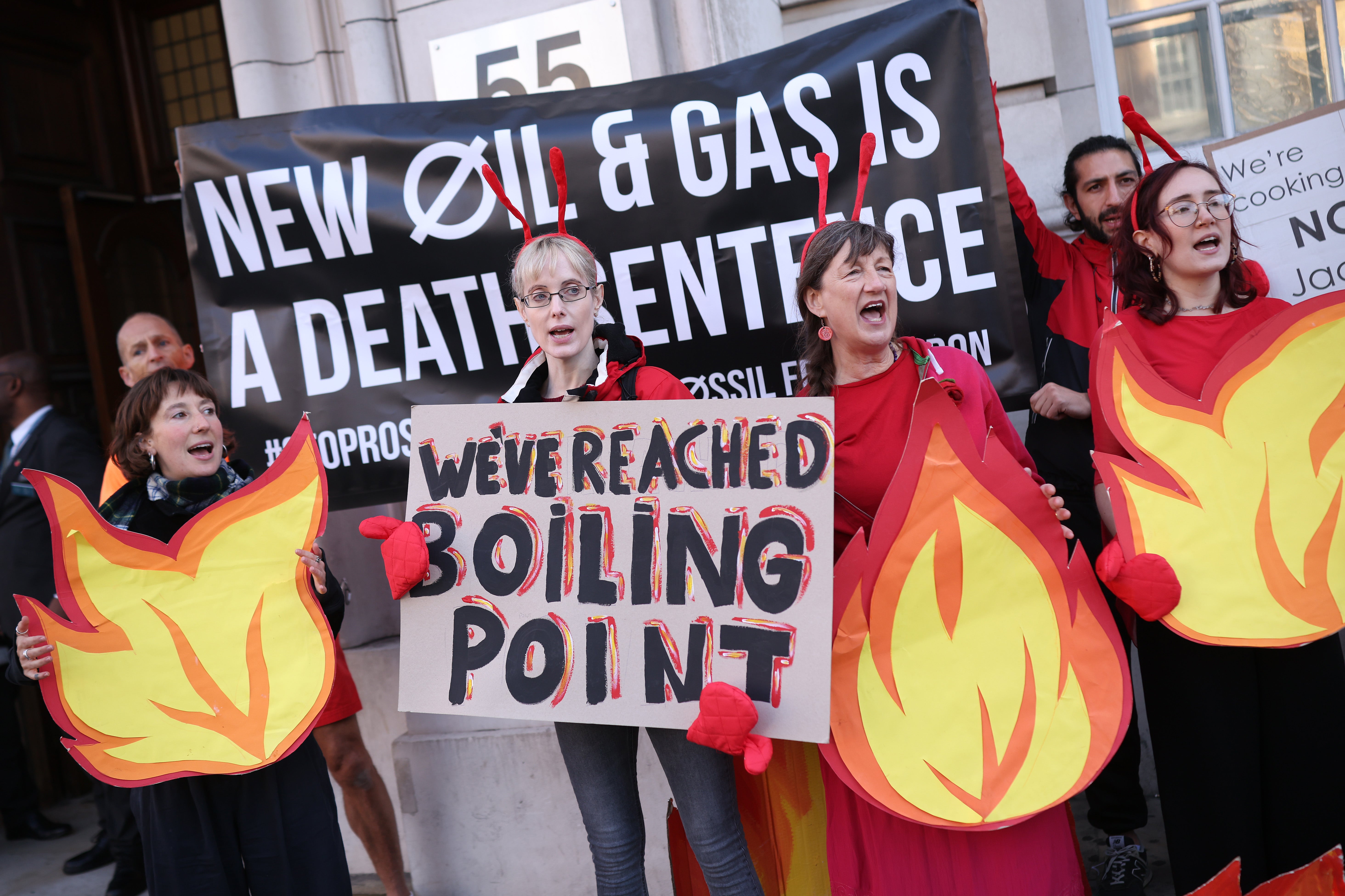 Fossil Free London activists protesting new oil and gas projects ahead of an expected decision on plans for the Rosebank oil field and Jackdaw gas field