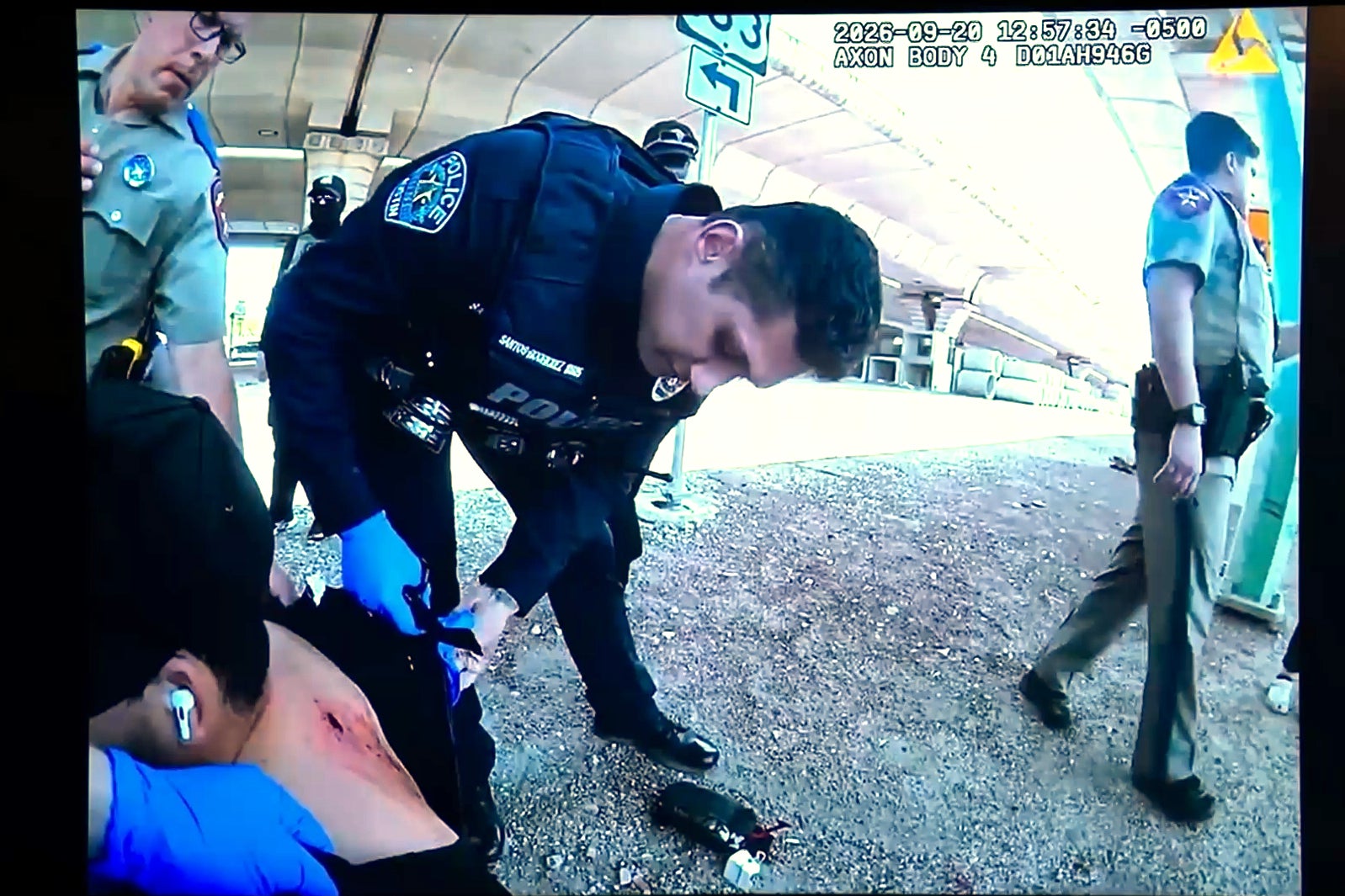 The bullet is still in Garcés Pérez's body, his attorney says. This footage was taken by an Austin Police Department officer's body camera (AP)