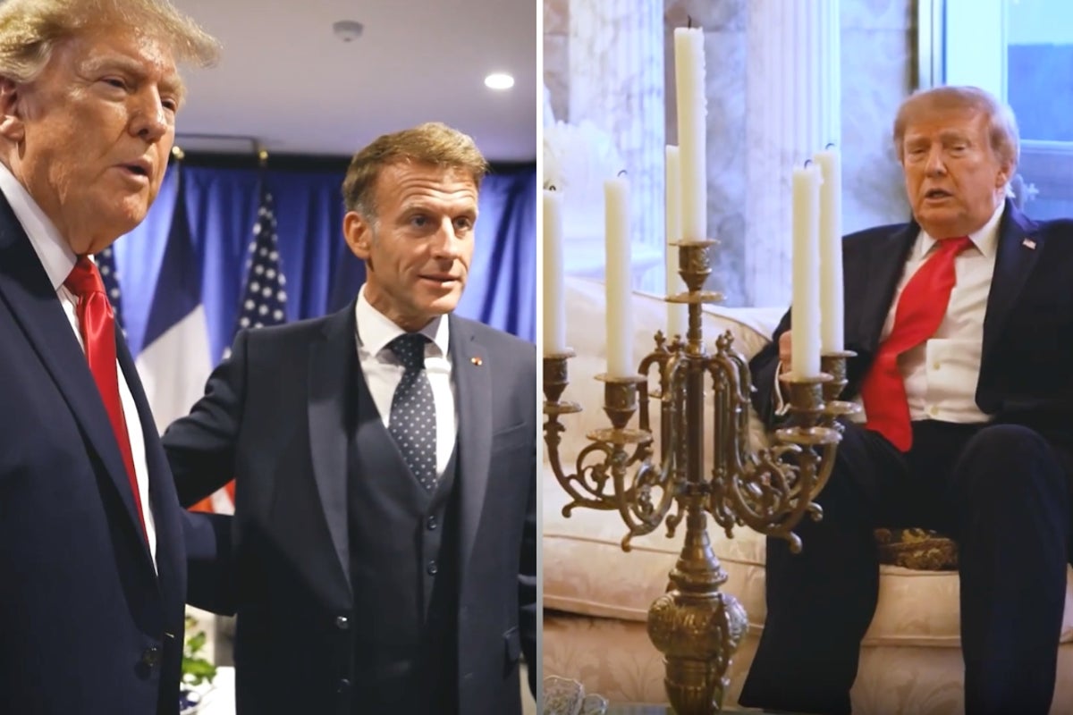 Trump’s bizarre sitting ritual prompts speculation as he shows Macron around gilded NYC apartment