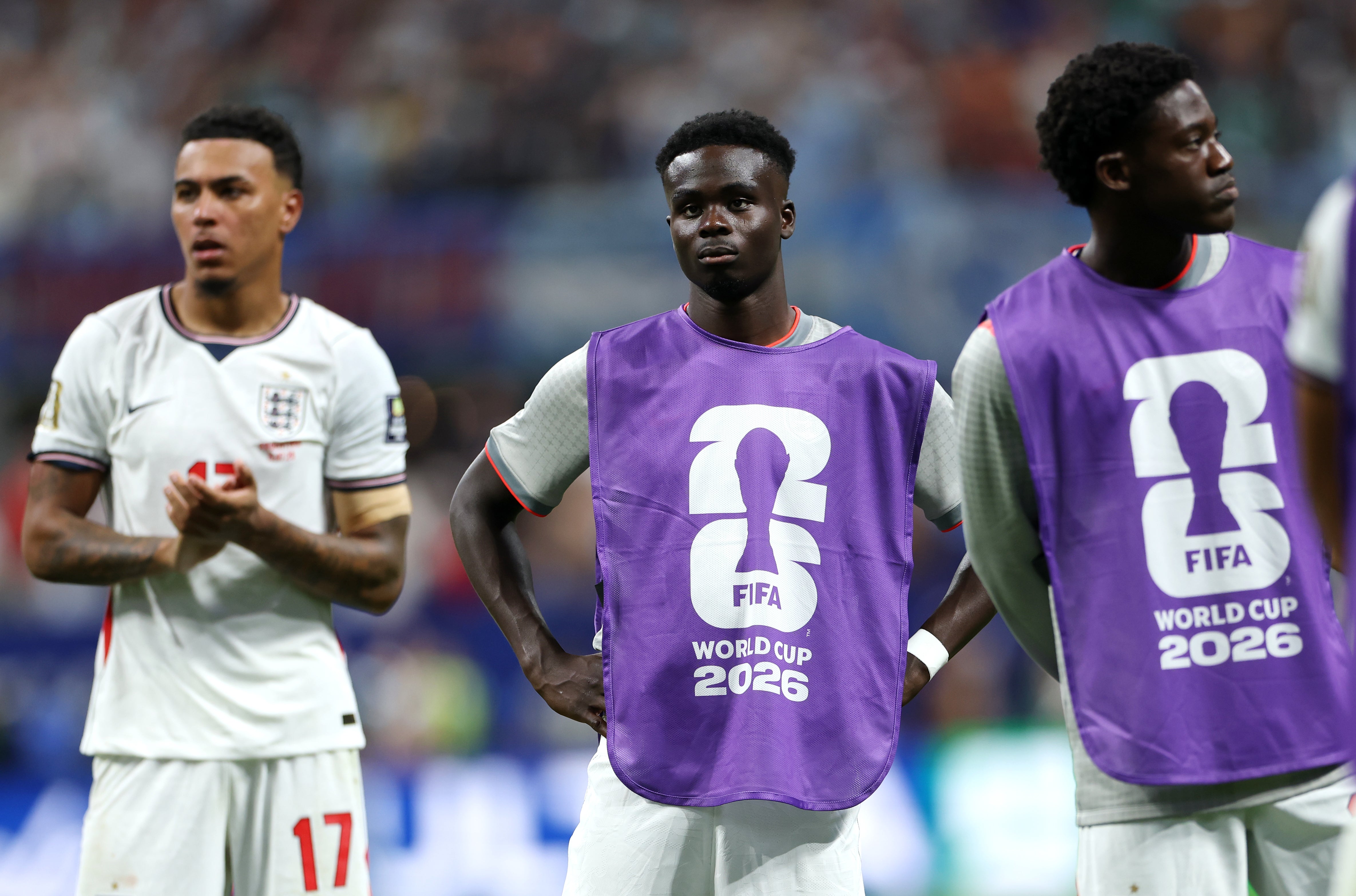 Bukayo Saka (middle) was an unused substitute in England’s semi-final defeat to Argentina