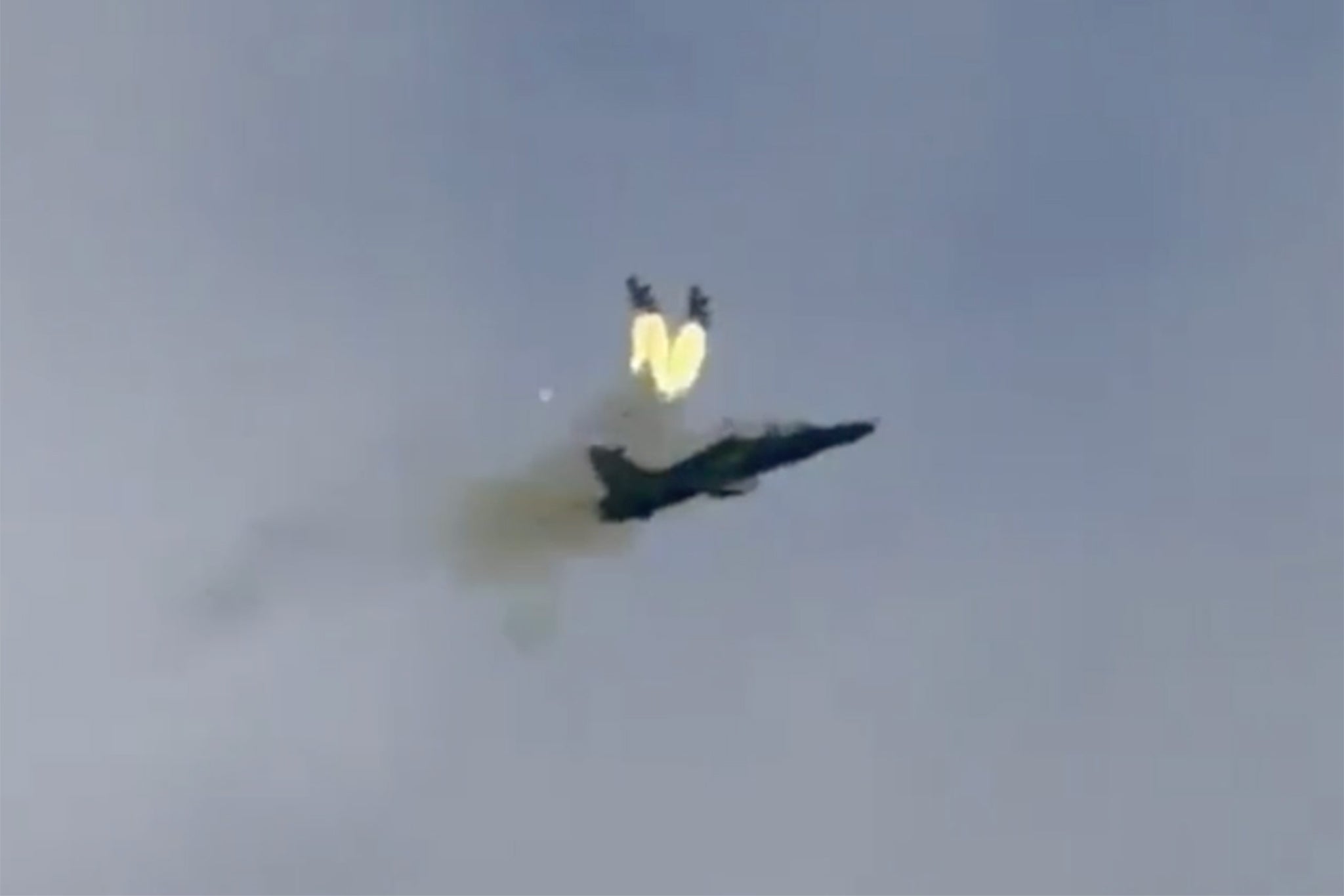 A video of the crash shared on social media appears to show the two pilots ejecting from the aircraft before it nosedives and crashes in flames