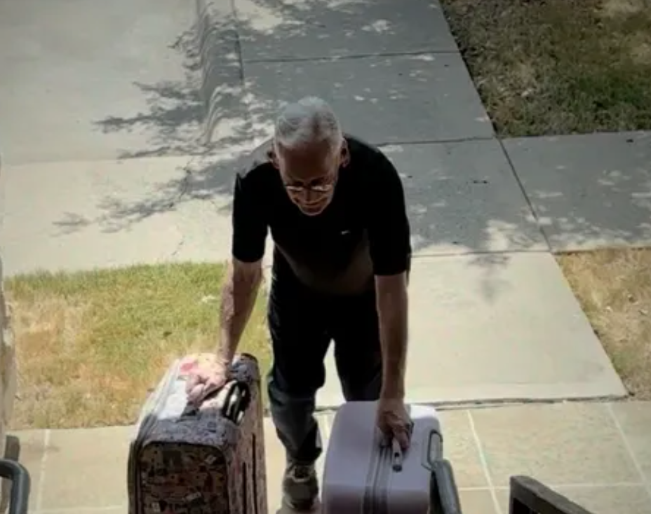 Donald Johnson, 81, delivering luggage to a building in The Colony, Texas. Johnson is still working to help pay for his wife, Josephine's, cancer treatments
