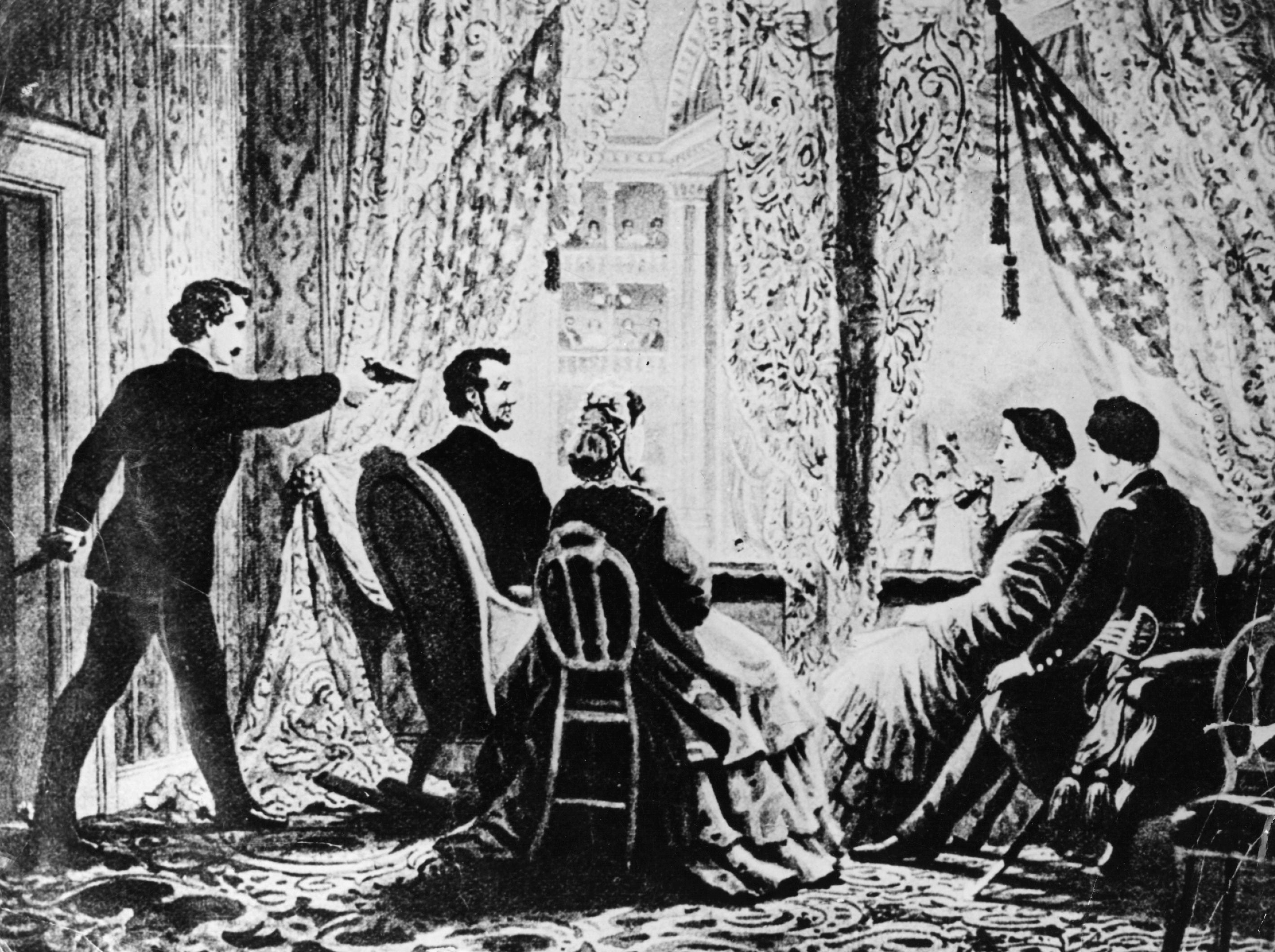 Depiction of the April 14, 1865 assassination of the 16th President of the United States, Abraham Lincoln, by actor John Wilkes Booth at Ford's Theatre, in Washington, DC. (Getty Images)