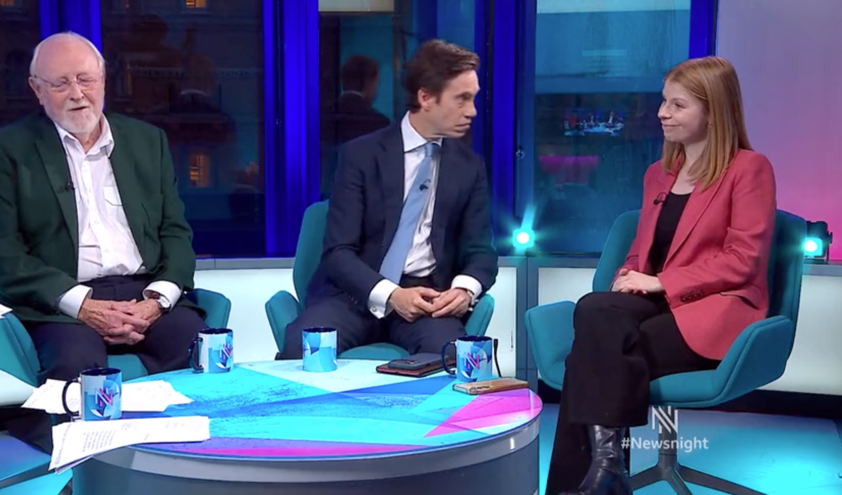 Rory Stewart staring at fellow panellist Ailbhe Rea on ‘Newsnight’ (BBC)