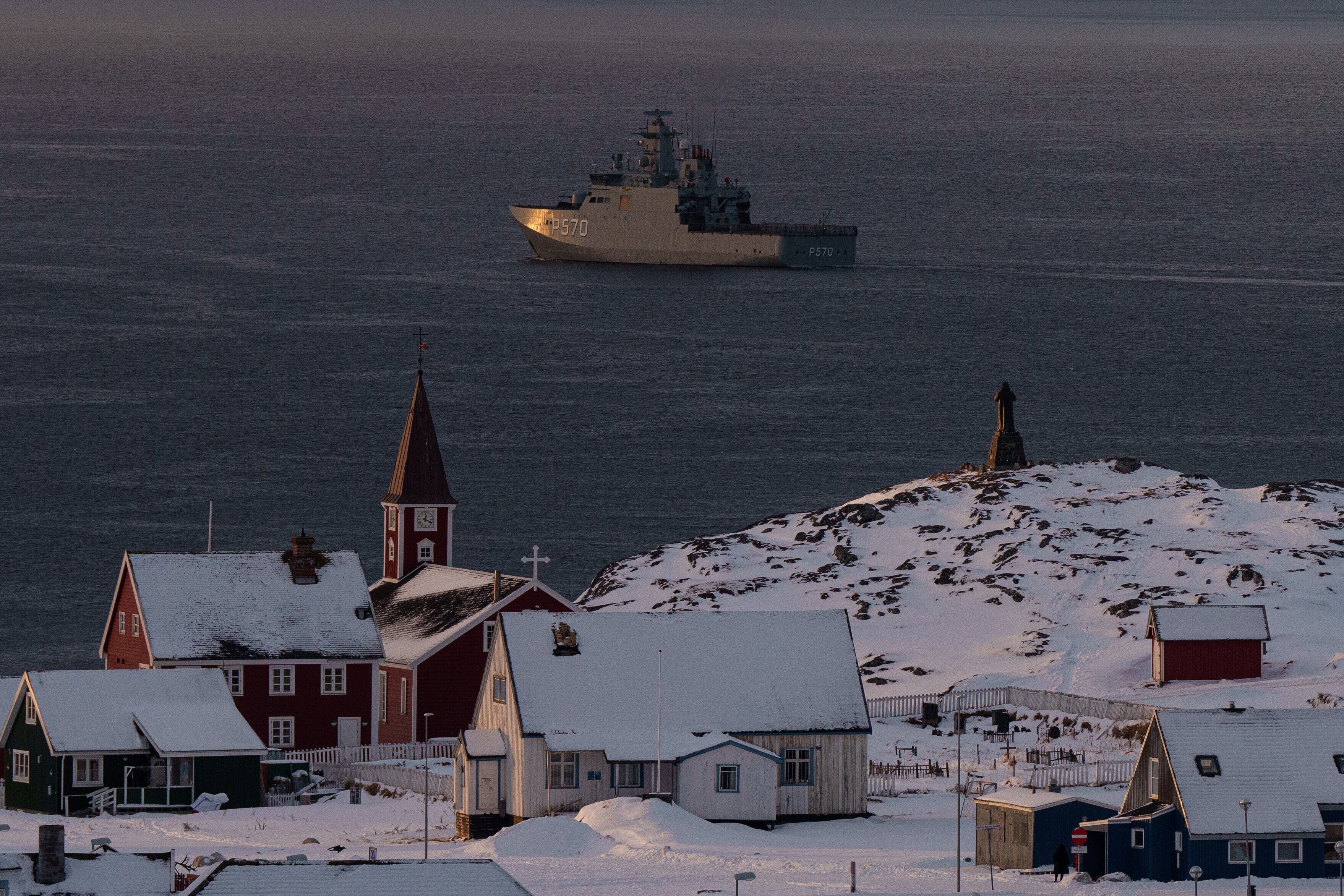 Military vessel HDMS Knud Rasmussen of the Royal Danish Navy patrols near Nuuk, Greenland, on Thursday, Jan. 15, 2026. (AP Photo/Evgeniy Maloletka, File)