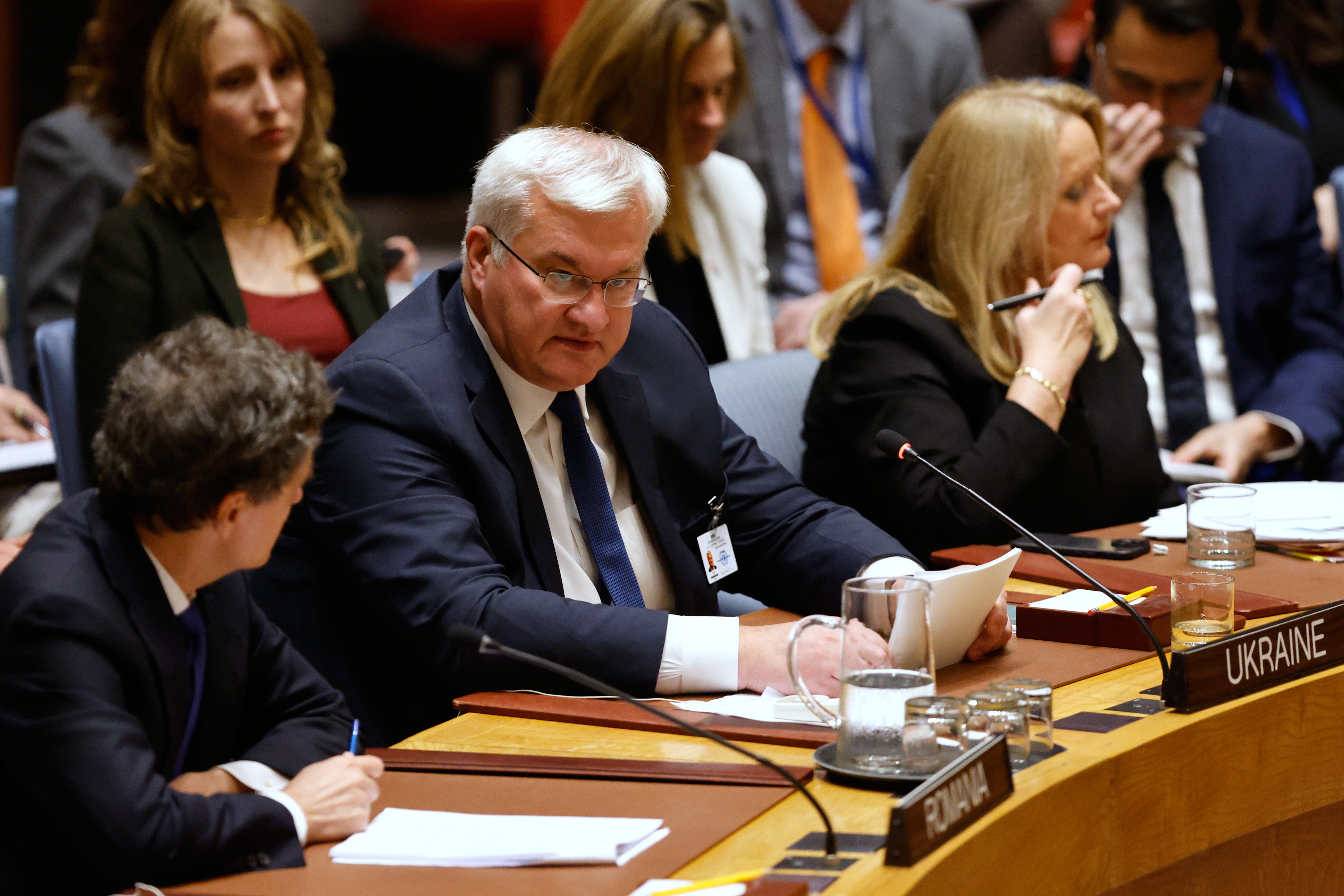 Ukrainian Foreign Minister Andrii Sybiha, center, speaks during a Security Council meeting at the 81st session of the United Nations General Assembly at United Nations headquarters (AP)