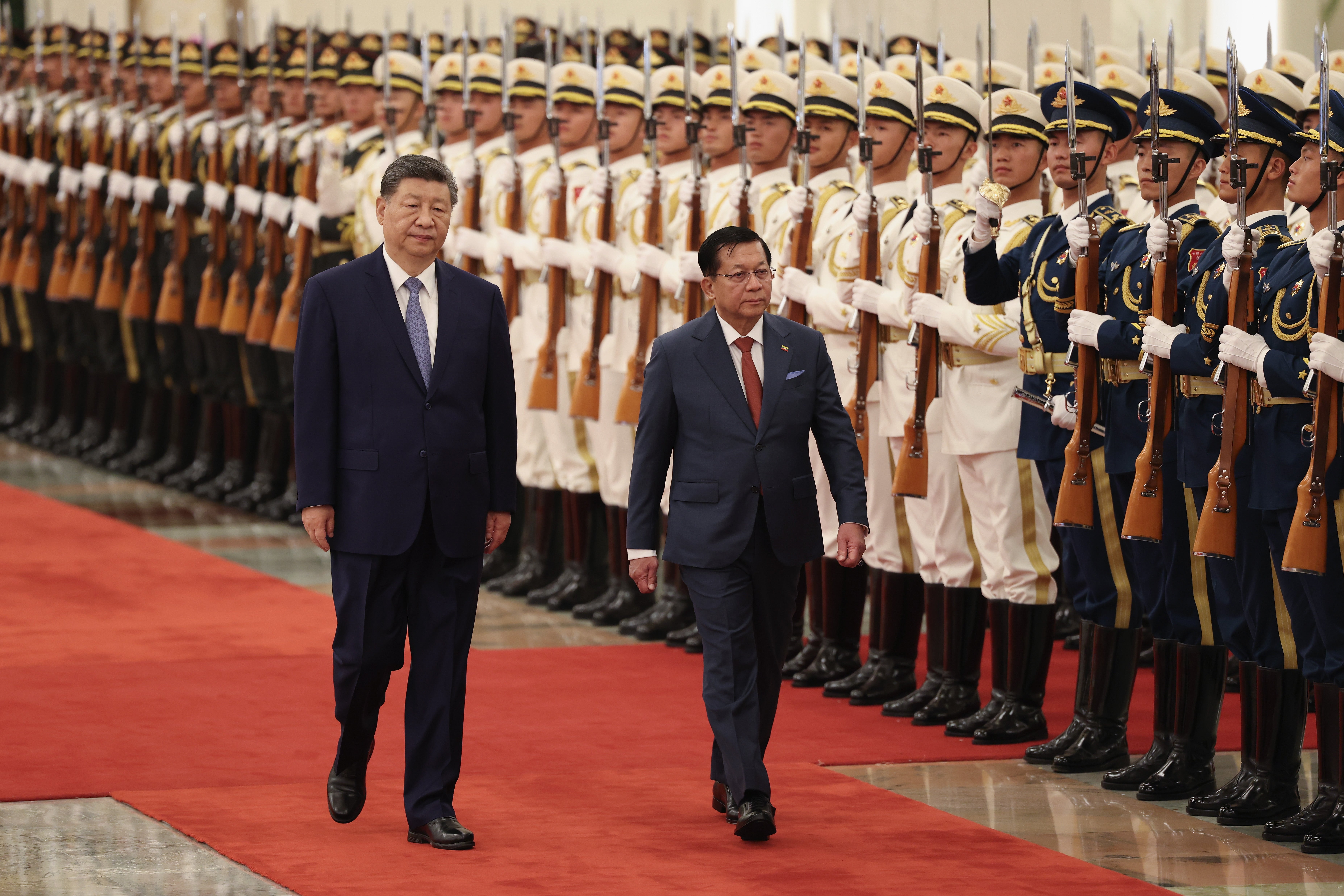 Chinese President Xi Jinping and Myanmar's President Min Aung Hlaing attend a welcoming ceremony at the Great Hall of the People on June 16, 2026 in Beijing, China. (Getty)