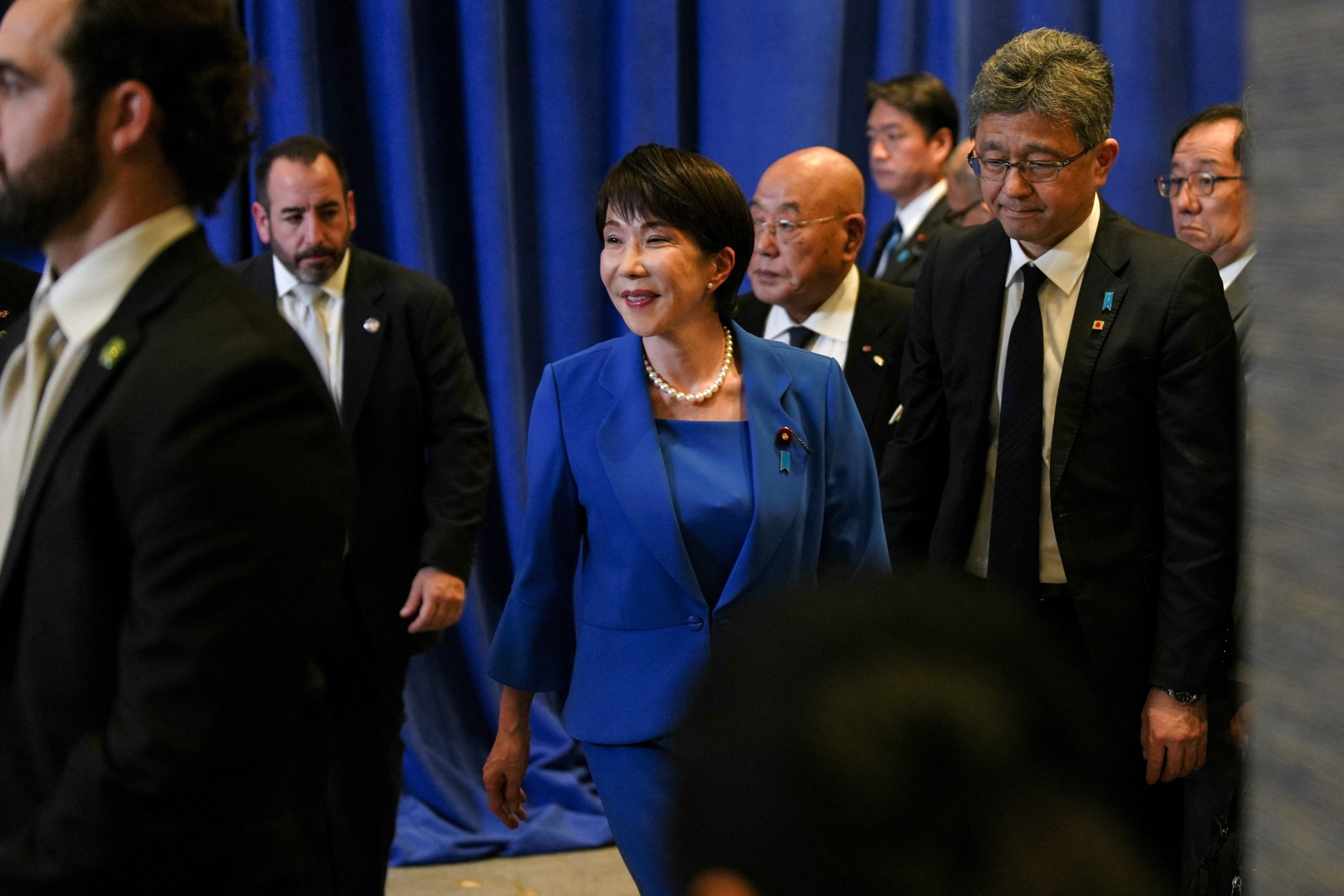 Japan’s prime minister Sanae Takaichi departs a press conference at the Park Lane Hotel, after speaking at the United Nations General Assembly, in New York City, New York, US, 23 September 2026 (Reuters)