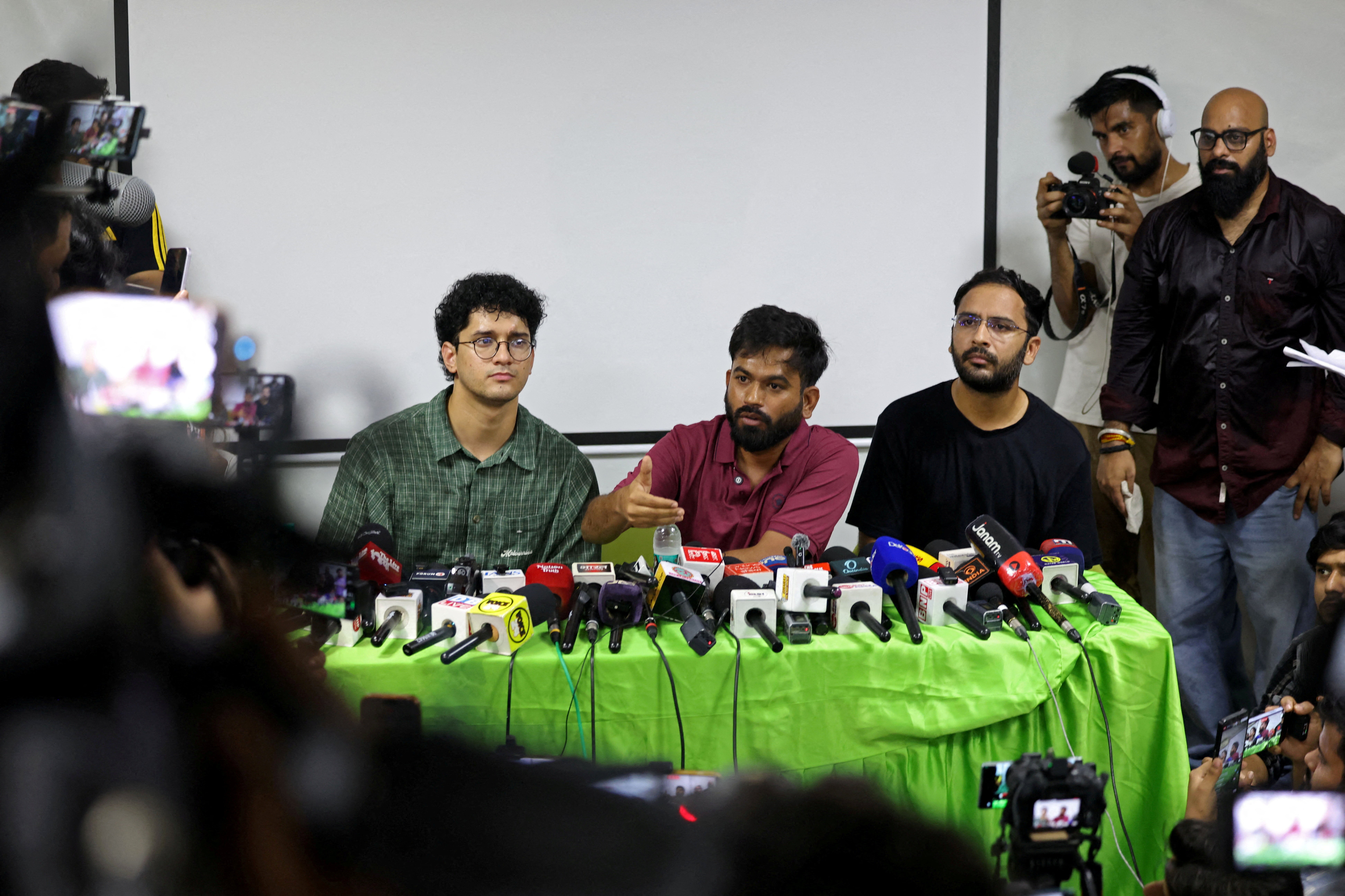 Abhijeet Dipke, head of the Cockroach Janta Party, speaks during a press conference to demand the resignation of the chief election commissioner (Reuters)