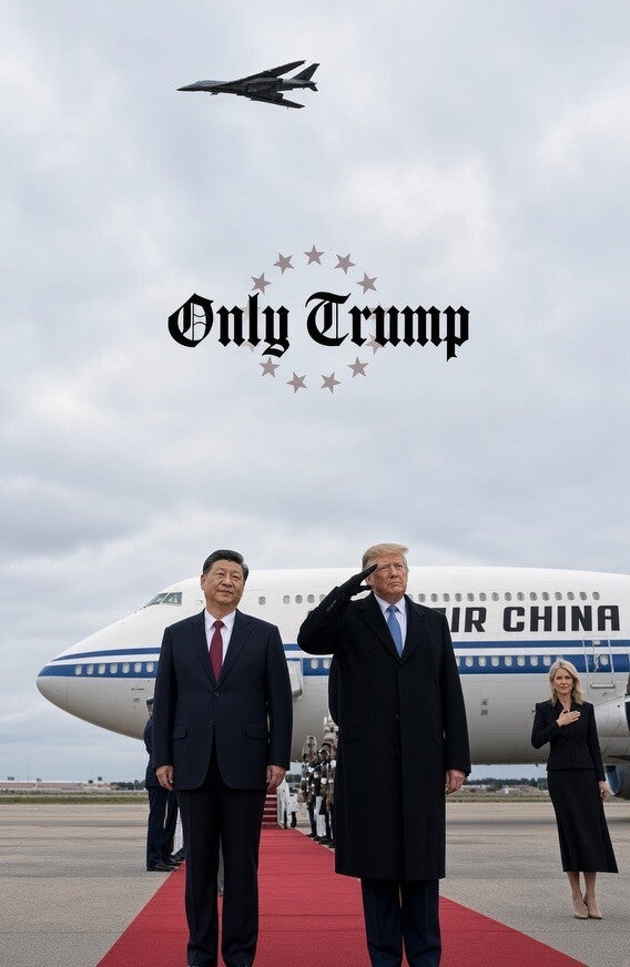 In the photo, which is emblazoned with the words ‘Only Trump,’ the leaders can be seen standing on a red carpet while a B-1 bomber flies overhead - with Natalie Harp in the background (@RealDonaldTrump, Truth Social)