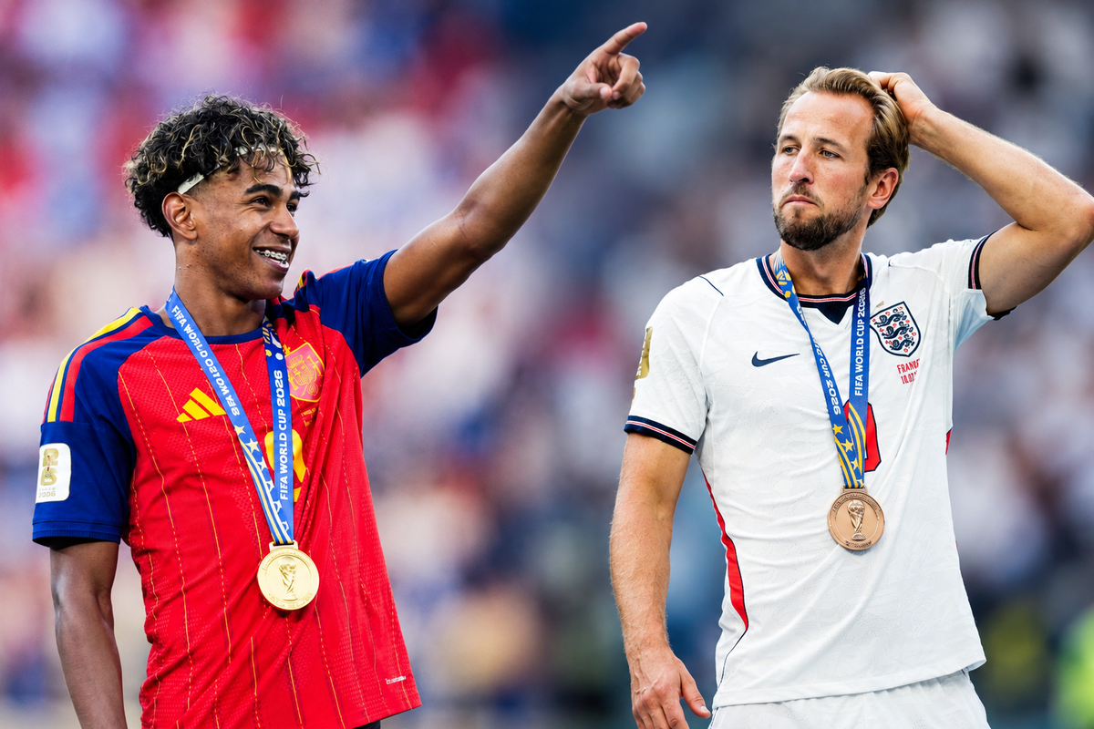 Harry Kane in an England shirt and Lamine Yamal in a Spain kit competing during a match at Wembley Stadium.