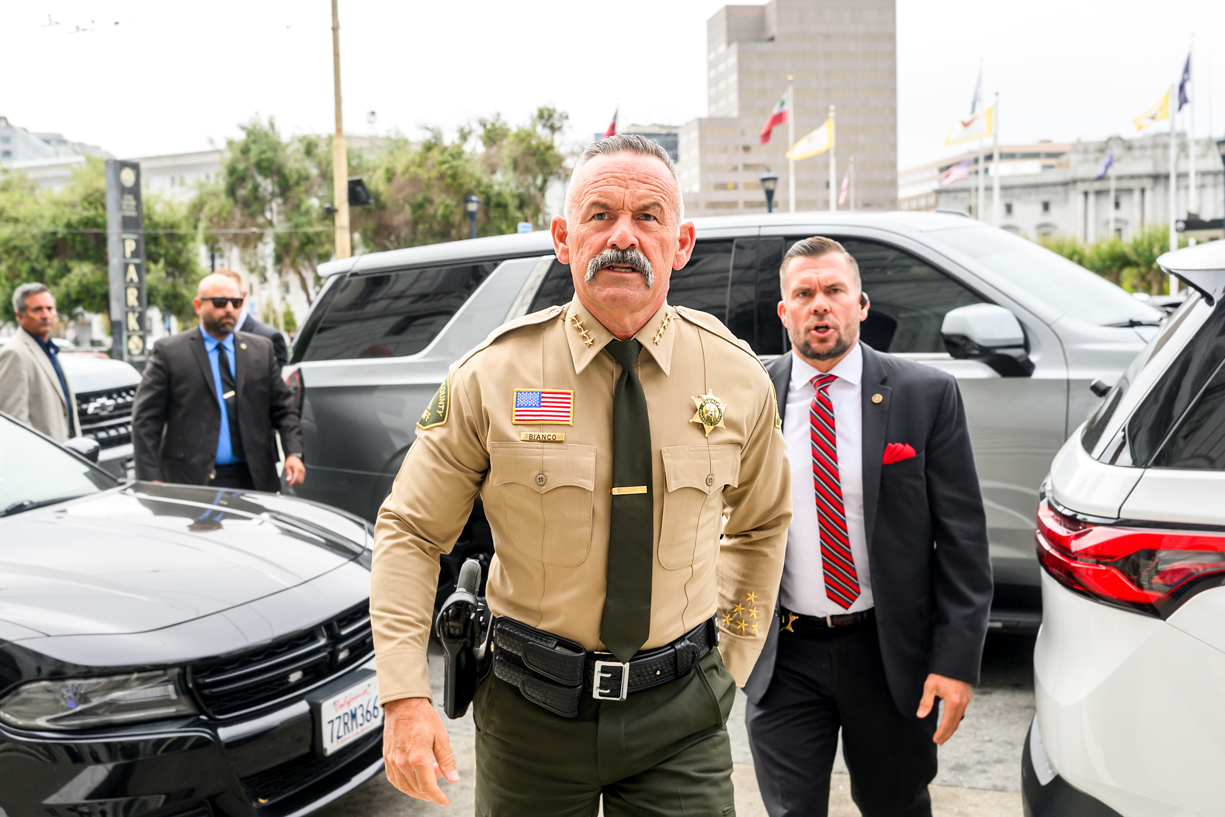 Riverside County Sheriff Chad Bianco arrives at the Supreme Court of California for a hearing about his seizure and recount of more than half a million 2025 election ballots