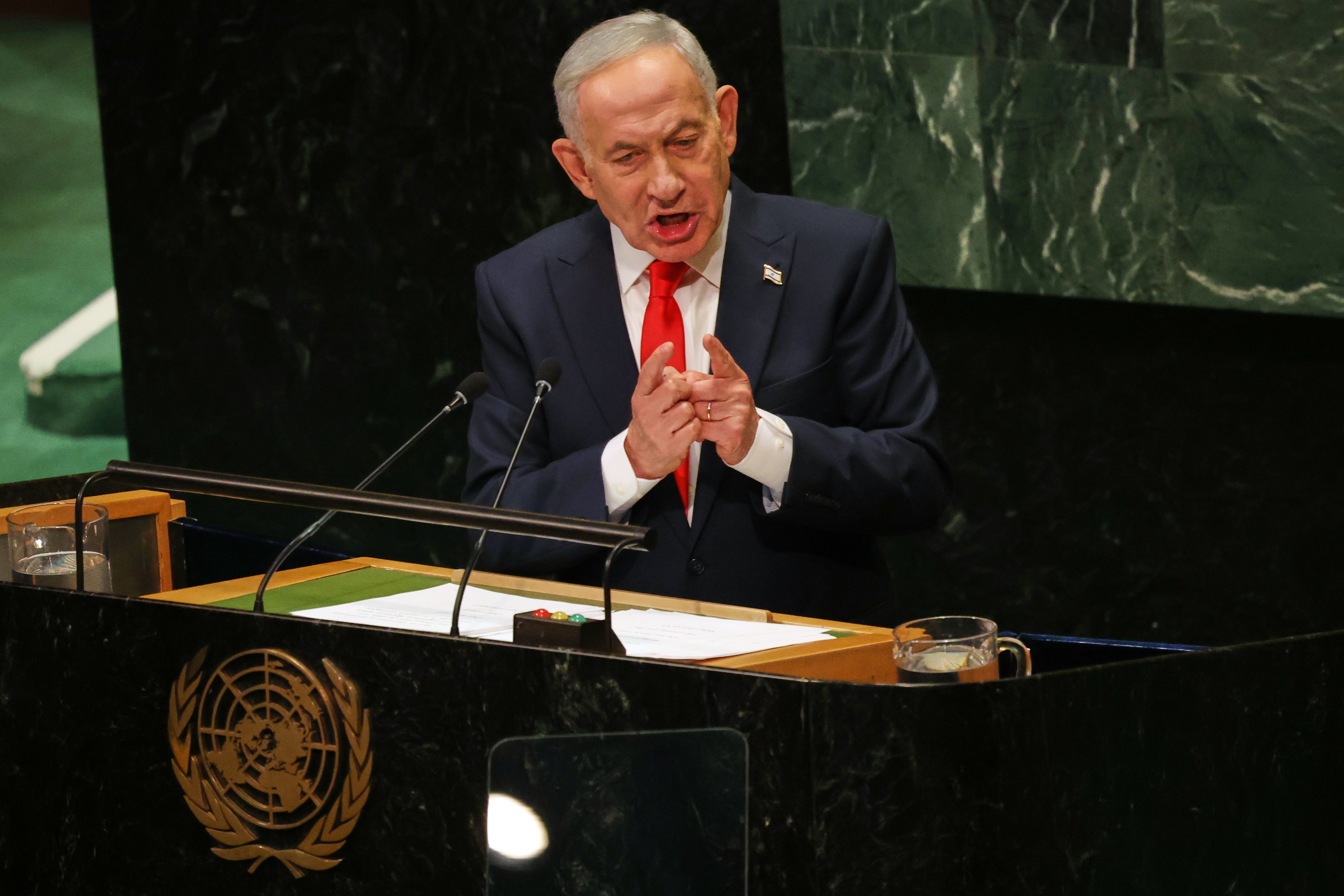 Benjamin Netanyahu speaks during the 81st session of the United Nations General Assembly at United Nations headquarters (AP)