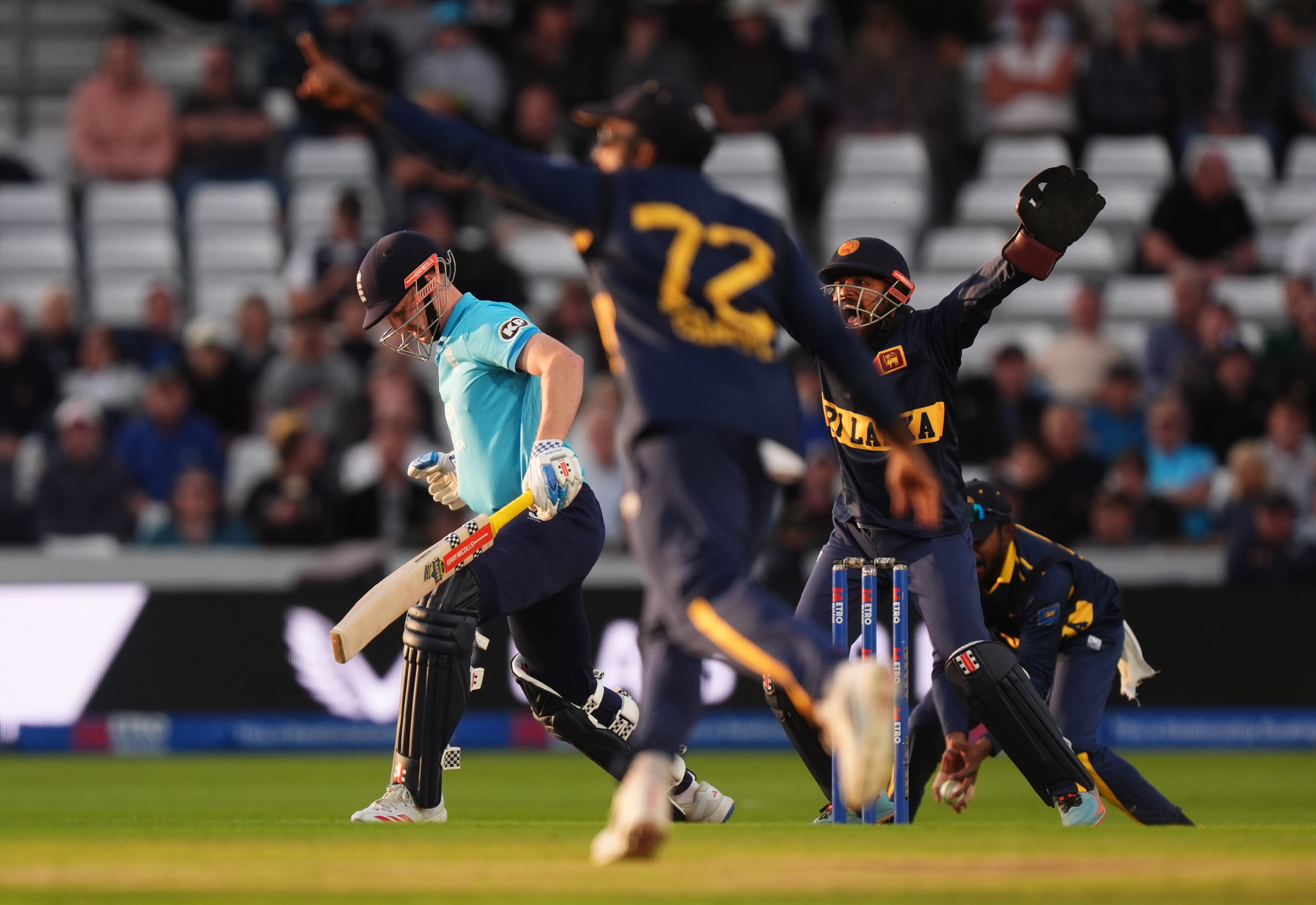 England’s Harry Brook is dismissed by Sri Lanka’s Dunith Wellalage (not pictured) (Mike Egerton/PA)