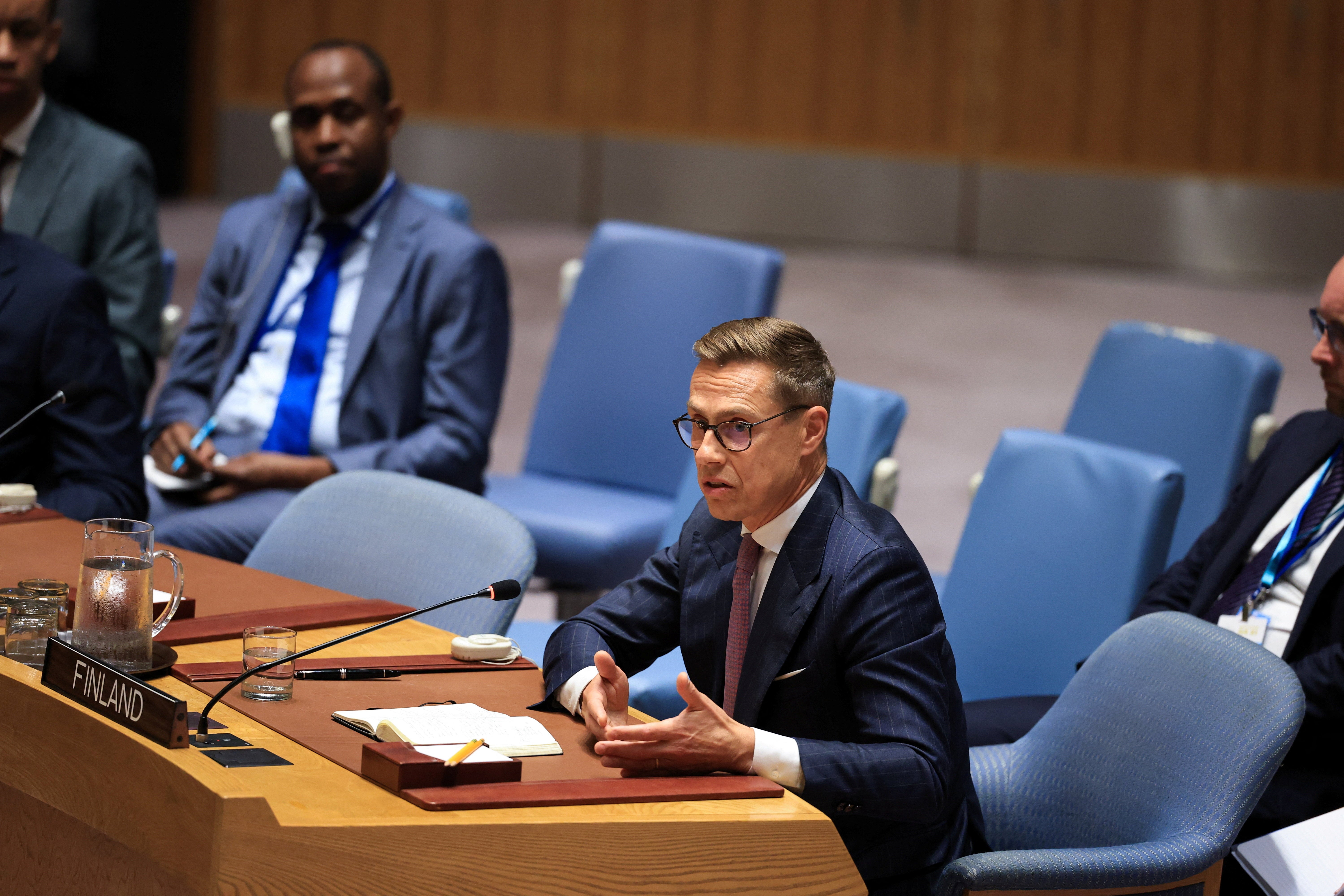 Finland's president Alexander Stubb speaks during a meeting of the United Nations Security Council on Ukraine (Reuters)