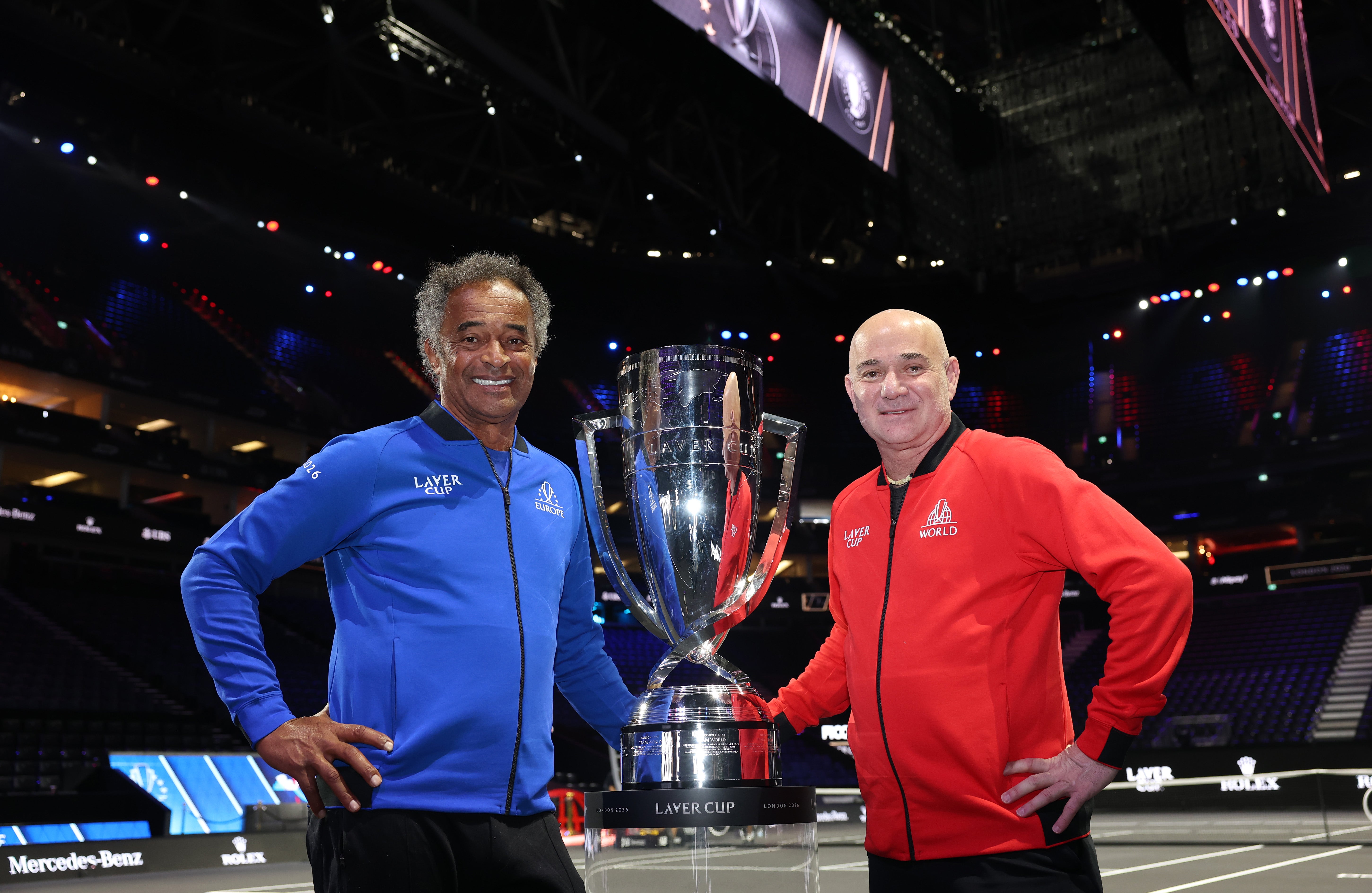 Team Europe captain Yannick Noah and Team World captain Andre Agassi (Getty)
