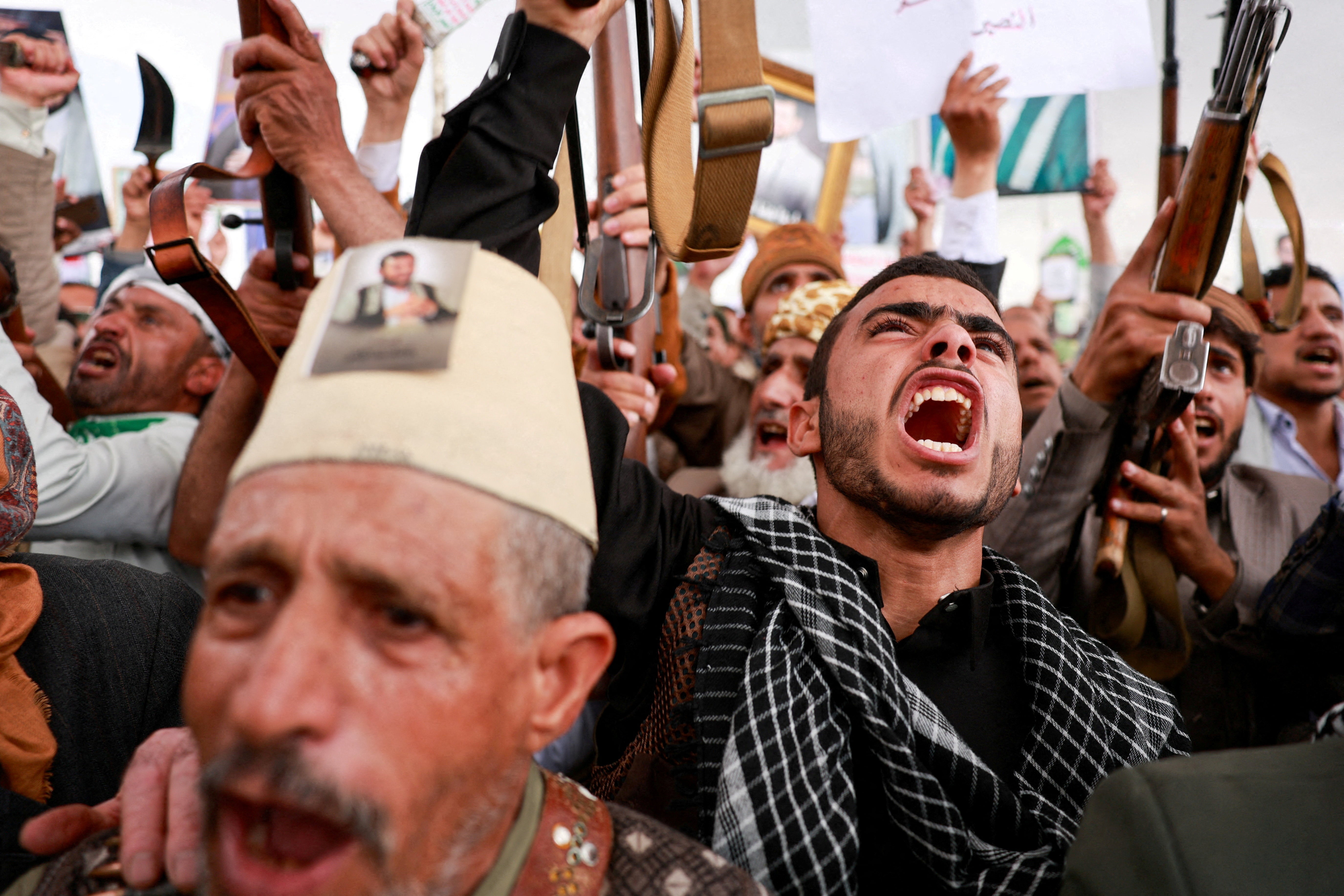 Houthi supporters shout slogans during an anti-Saudi rally amid an escalation with the kingdom, in Sanaa, Yemen, 31 July 2026 (Reuters)