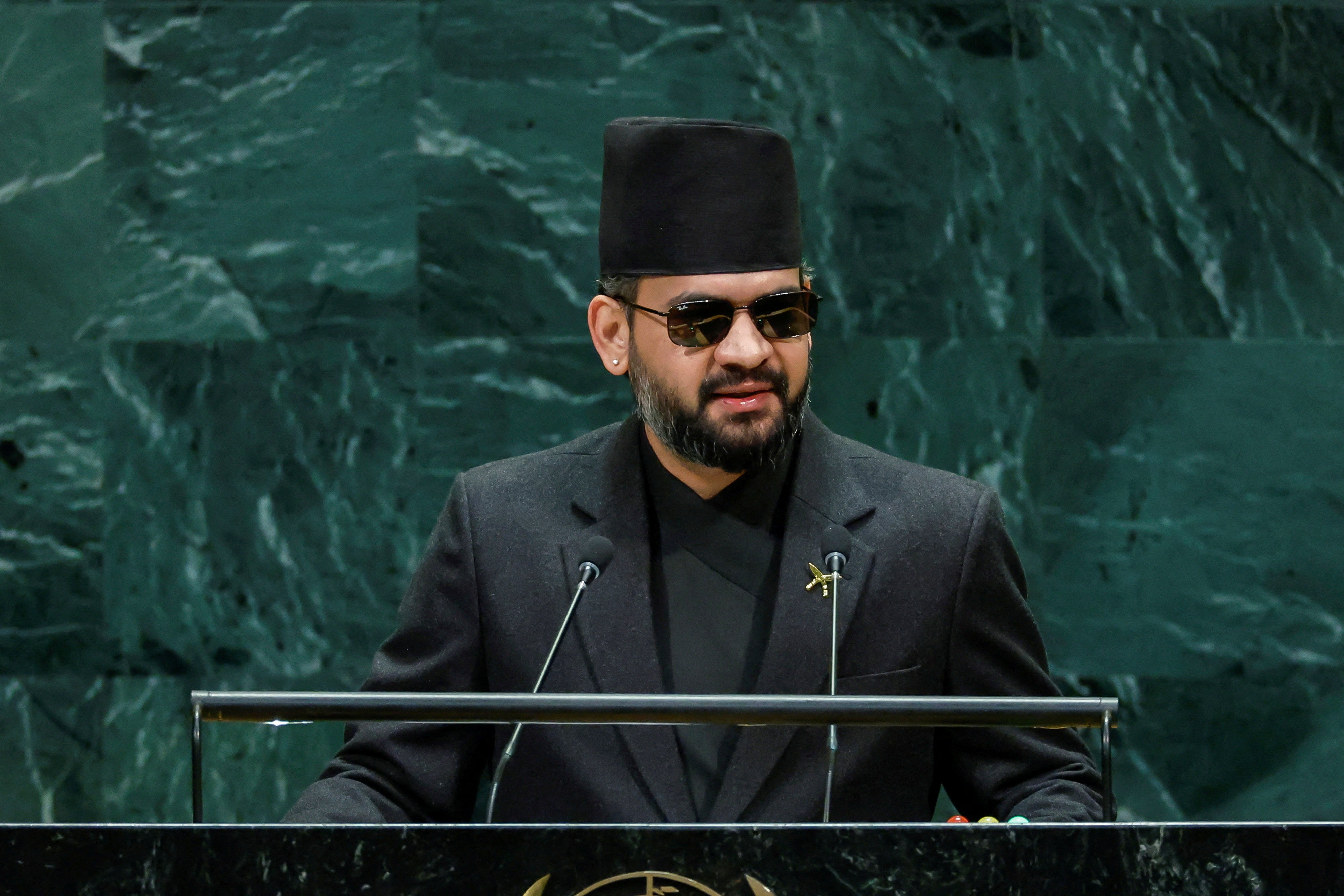Nepal prime minister Balendra Shah addresses the 81st United Nations General Assembly at UN headquarters in New York City (Reuters)