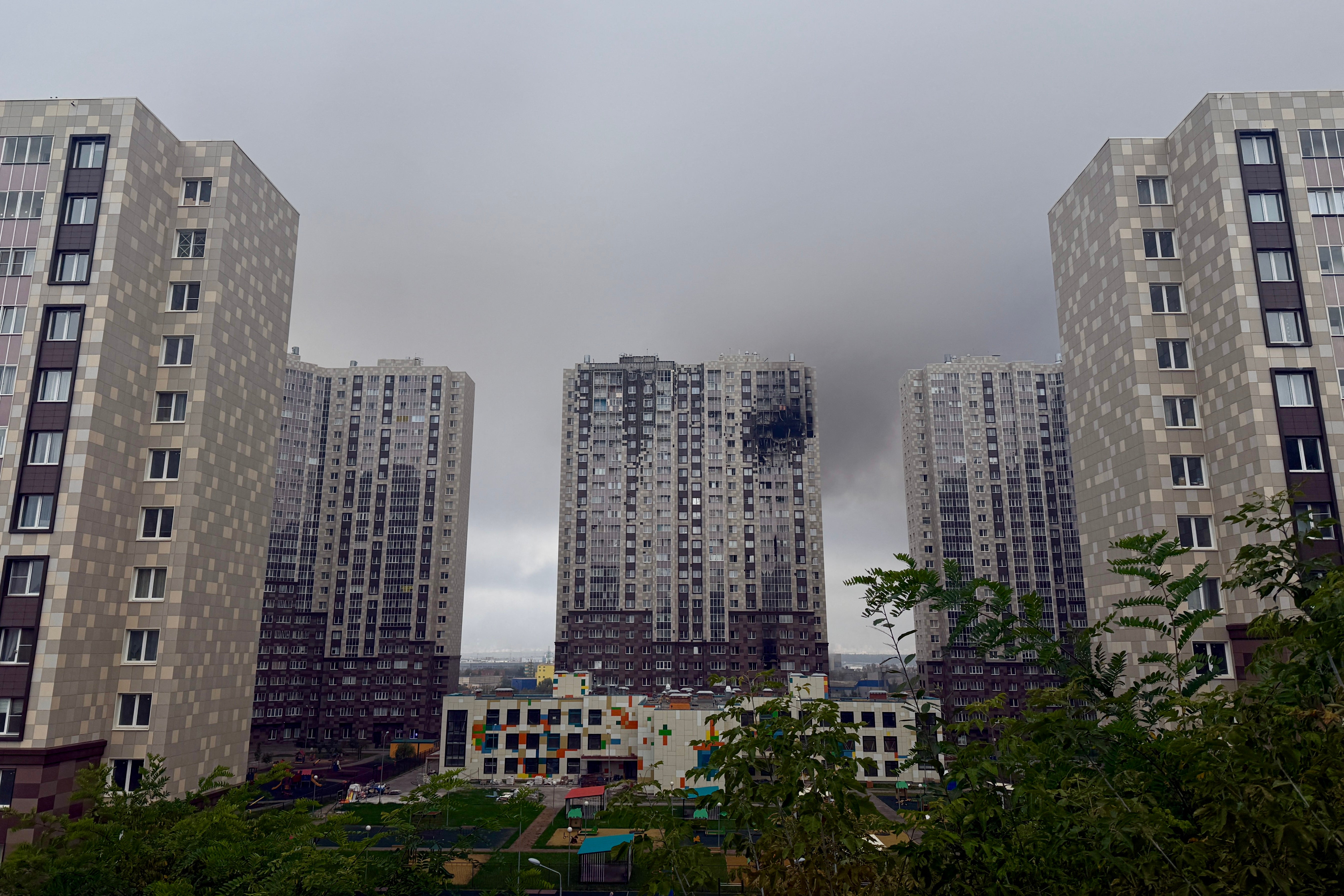 A view shows a damaged multi-storey apartment building following a drone attack in Kotelniki in the Moscow region on September 20, 2026.
