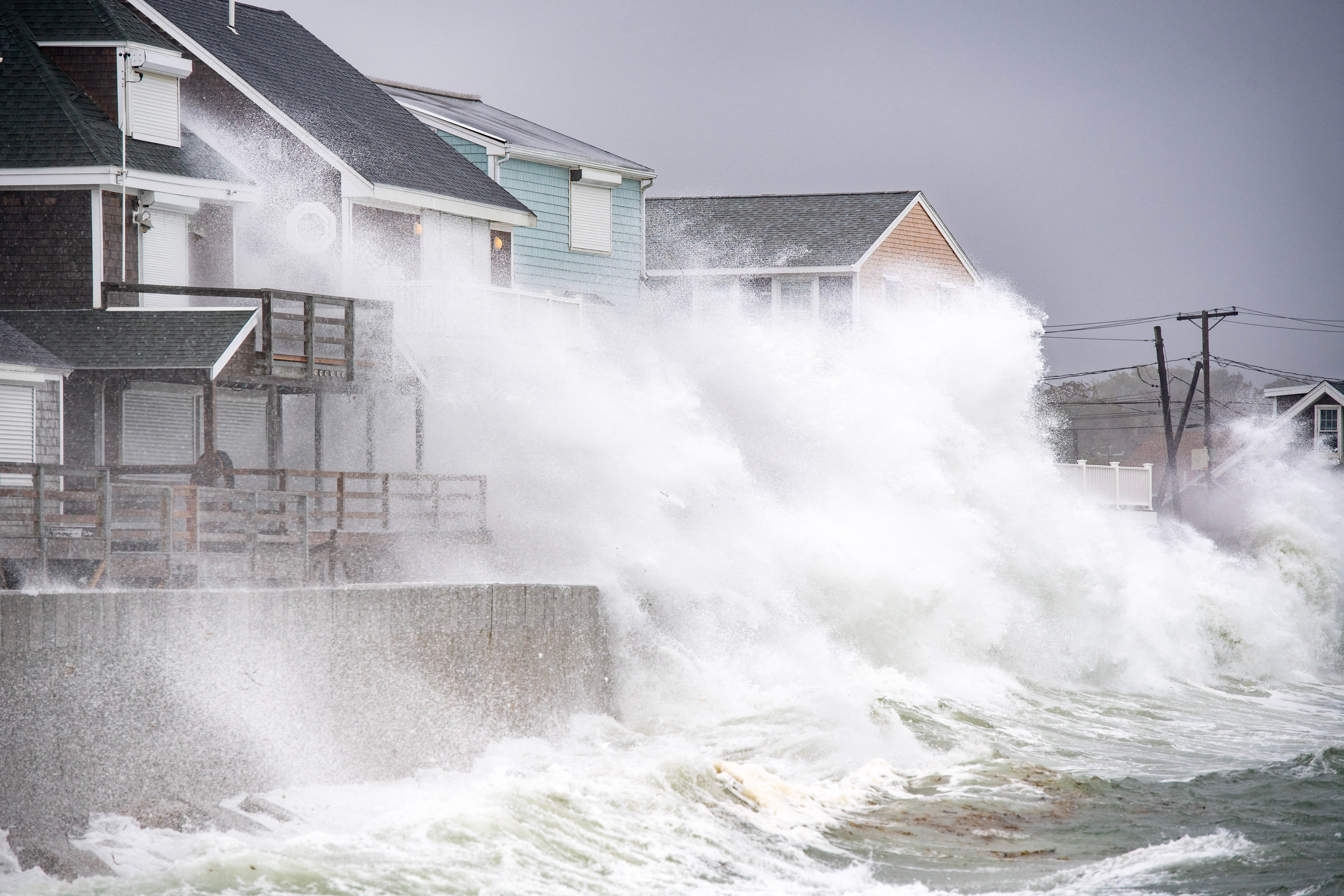 Waves pound the coast as the tide comes in during a Nor'Easter storm in Scituate, Massachusetts on September 26, 2026