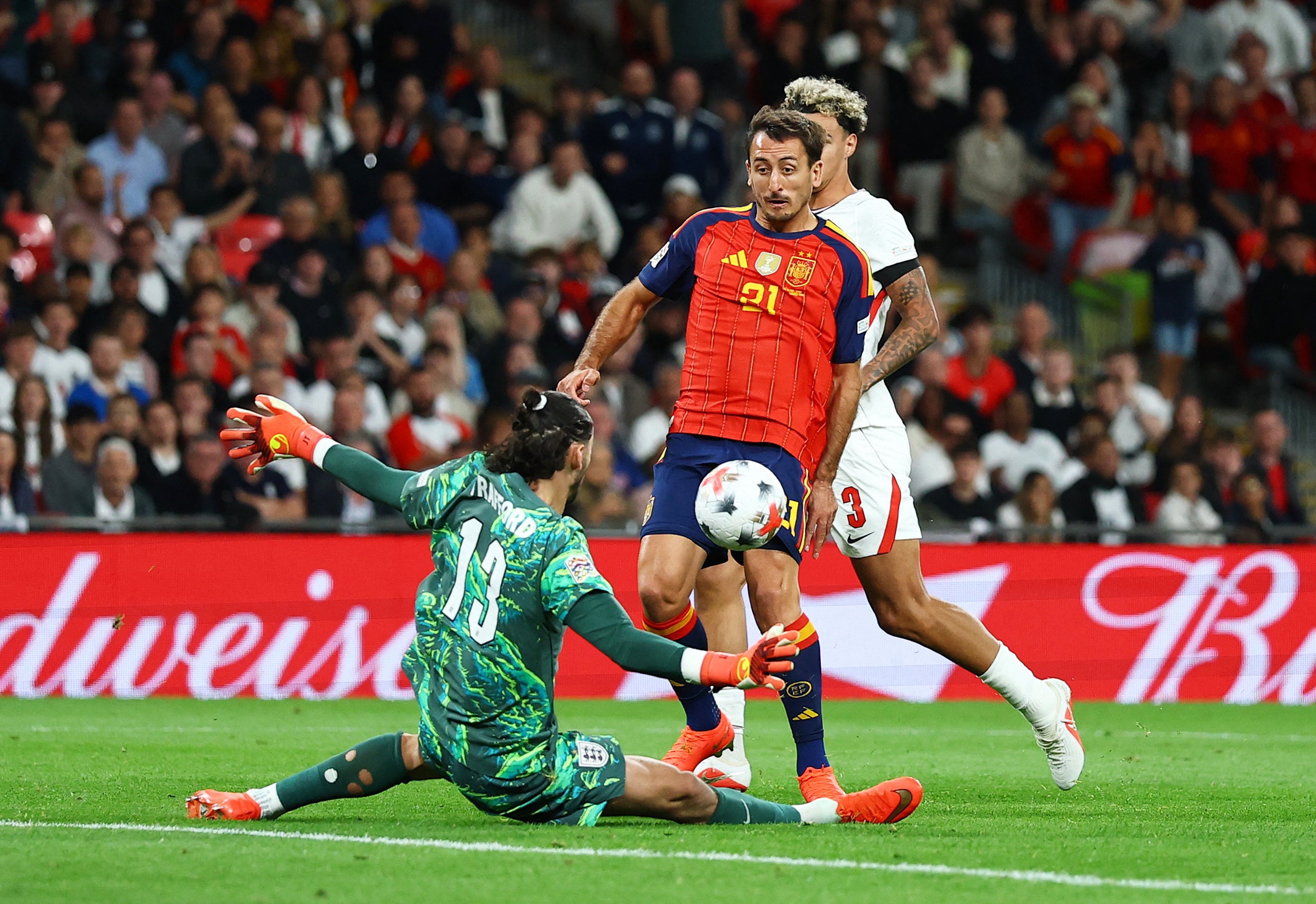 Mikel Oyarzabal dinked the winning goal over Trafford to secure the points for Spain
