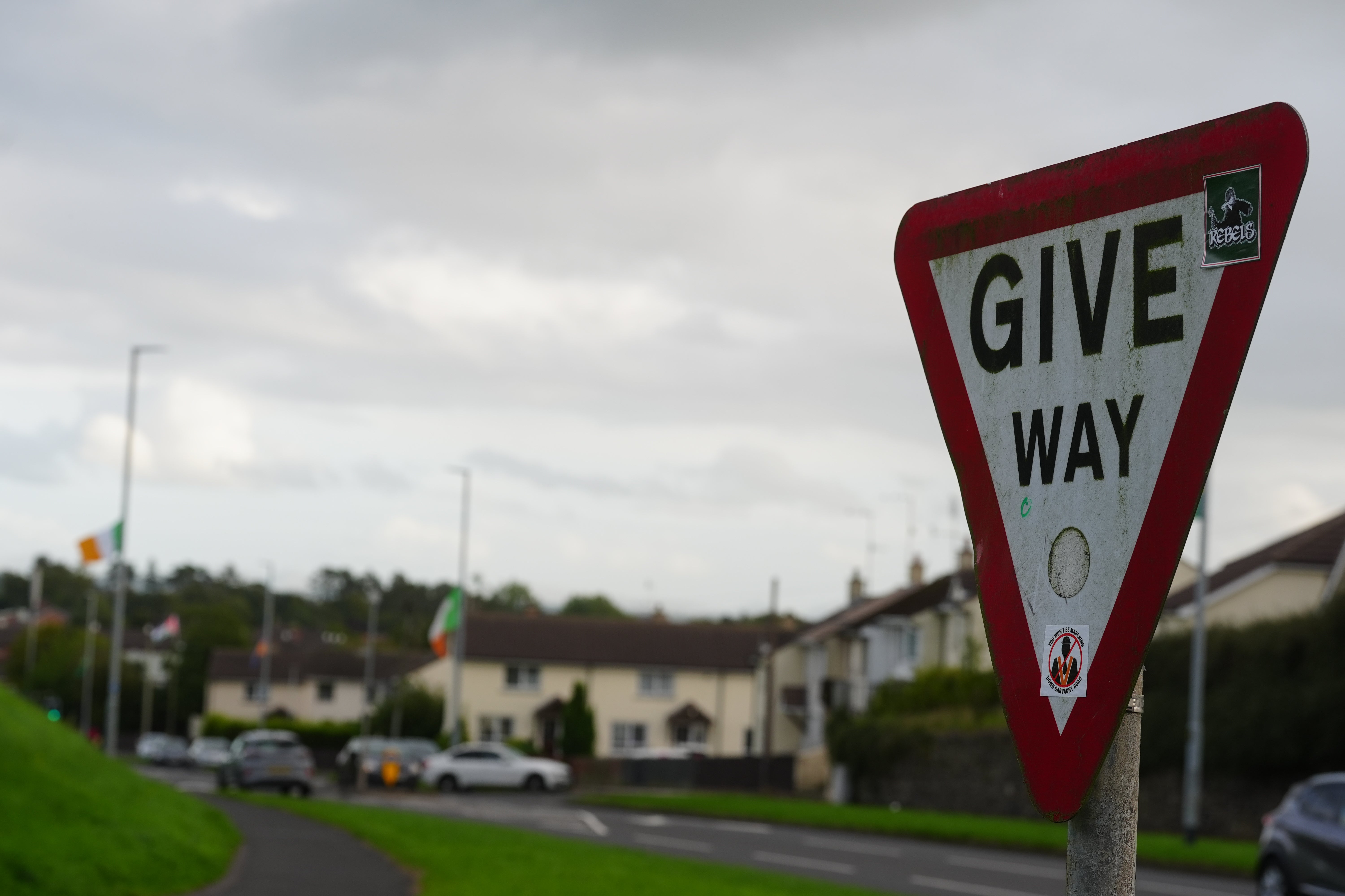 A sticker on a road sign on the Garvaghy Road in Portadown (Brian Lawless/PA) (PA Wire)