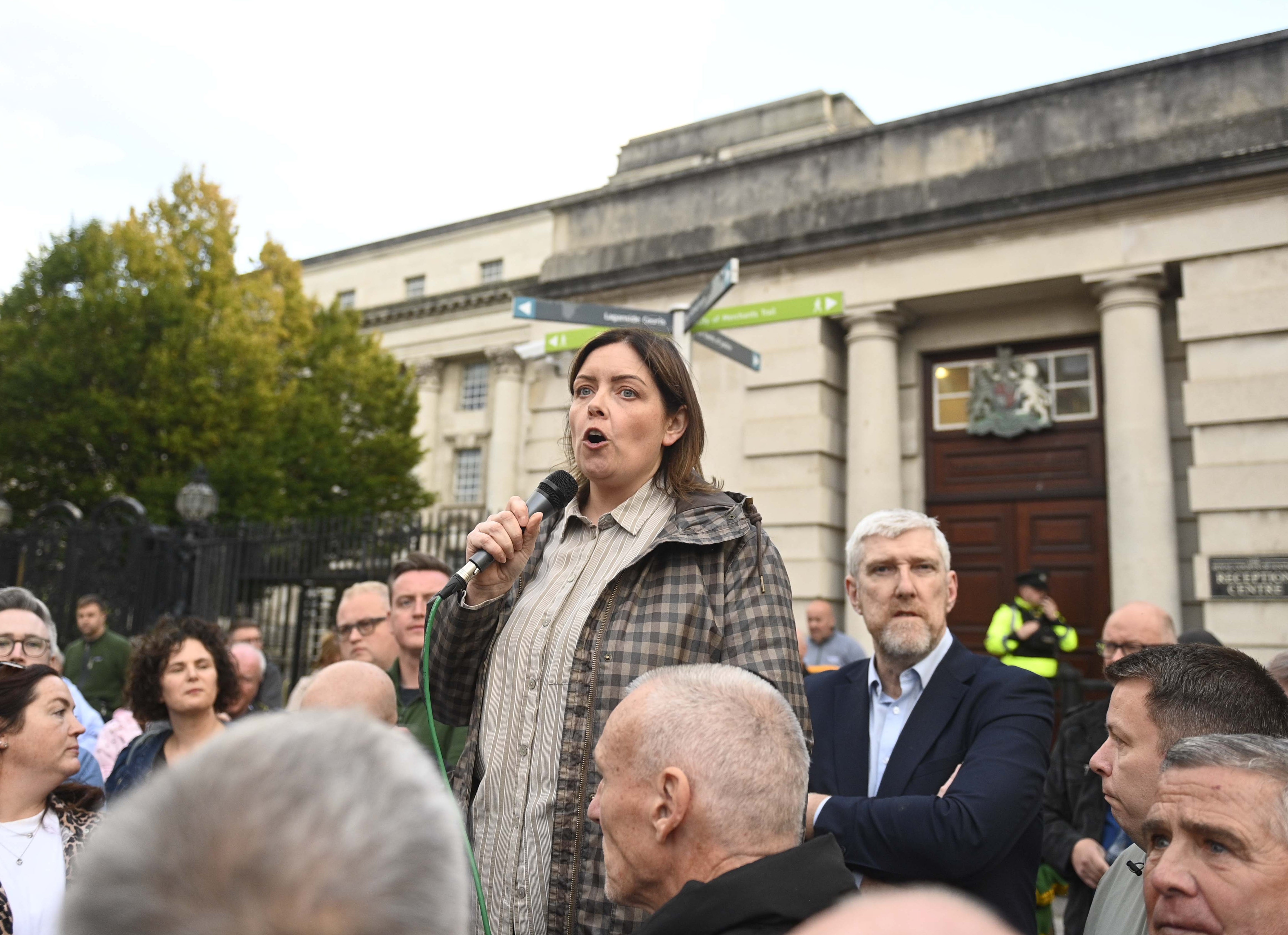 Sinn Fein MLA Deirdre Hargey speaking to the crowd and media outside Belfast High Court (Mark Marlow/PA) (PA Wire)