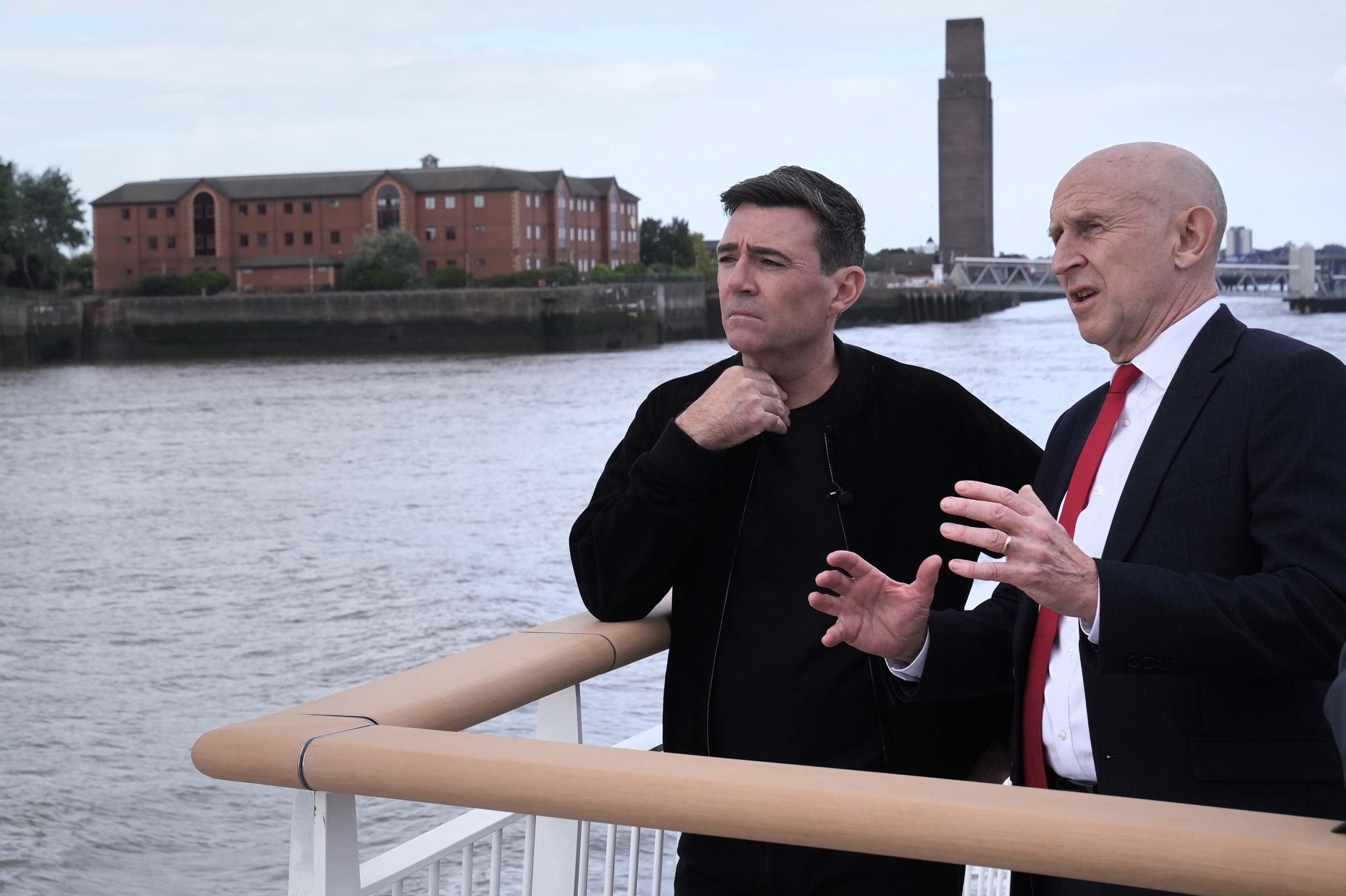 Andy Burnham (left) and John Healey on the new Royal Daffodil Ferry